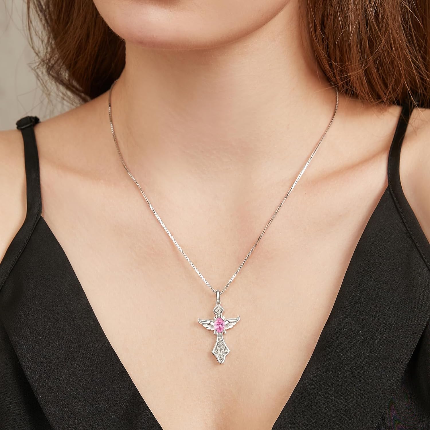 Angel Wing Cross Necklace for Women 925 Sterling Silver Gemstone Pendant Birthstone Religious Jewelry for Mom,Chain 18inch - Image 2