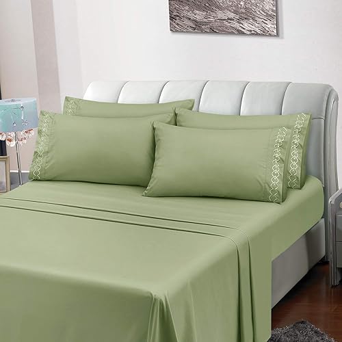 Miniatura 2 de HOMEIDEAS Juego de sábanas de 6 piezas tamaño Queen verde salvia fundas de almohada bordadas de lujo para hotel oriental microfibra cepillada extra