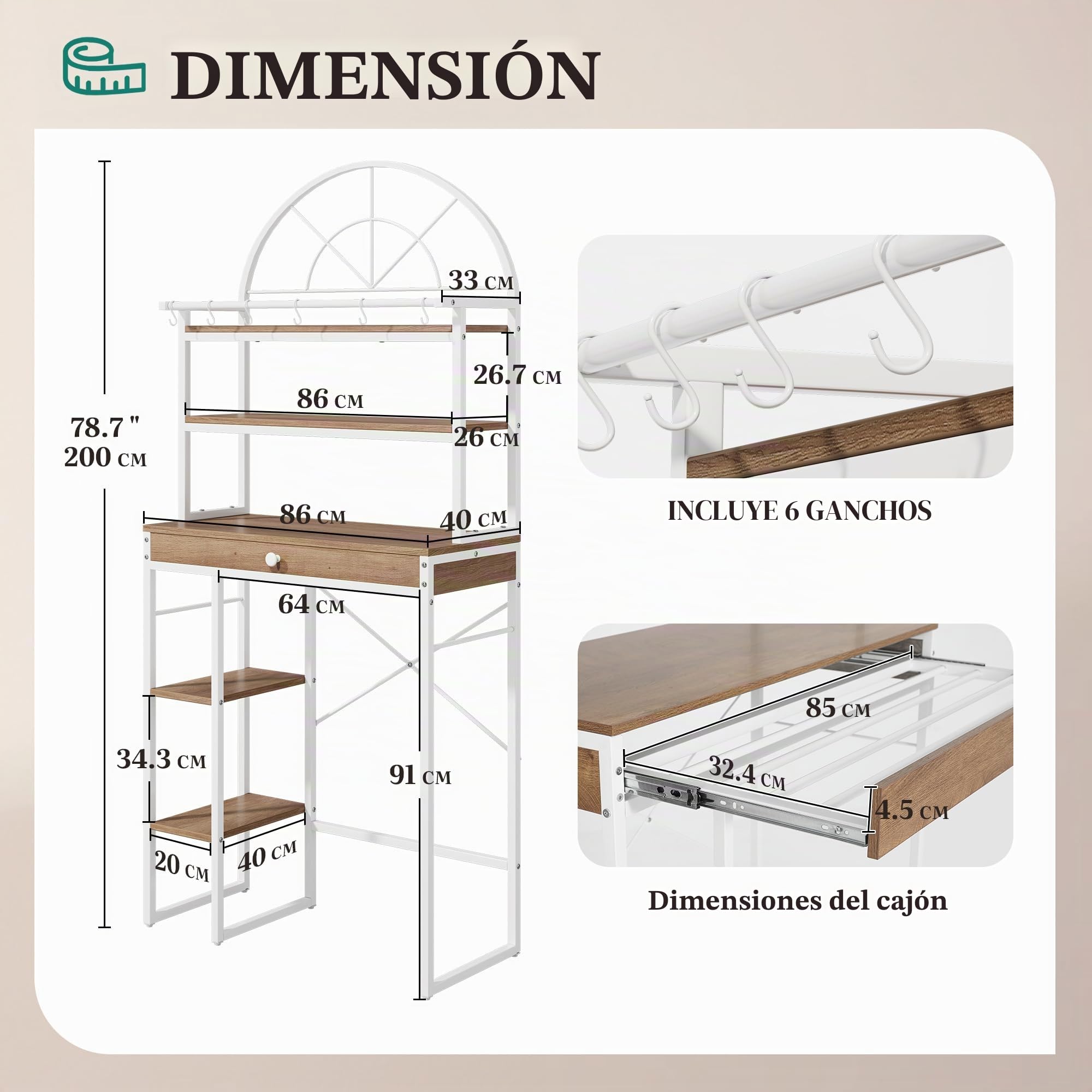 YITAHOME Estantería para Colocar Encima de la Lavadora o del Inodoro, con 3 estantes, diseño arqueado, Fabricada en Metal y Madera, con cajón, 86 x 200 x 40 cm, Color Blanco
