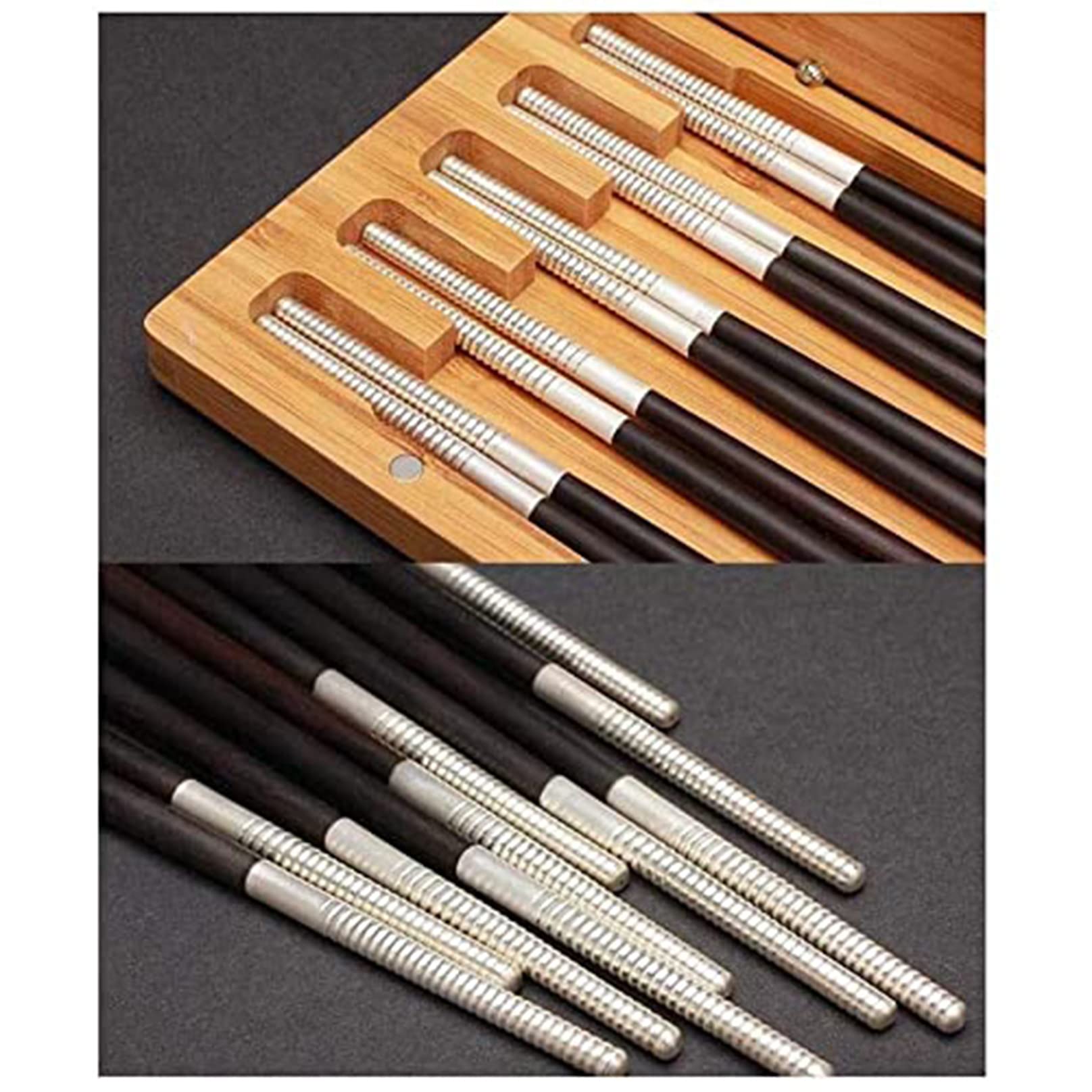 Baguettes réutilisables Lot de baguettes chinoises en argent 999, 25 cm, fabriquées à la main, emballage en bambou, idéales for les coffrets cadeaux et les collections, noires, 10 paires(5 pairs)