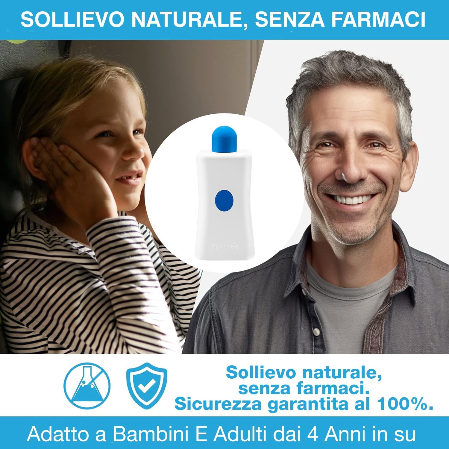 Dispositivo di Sollievo dalla Pressione dell'Orecchio di Tilcare - Bottone a Pressione per le Orecchie per Volo, Nuoto, Immersioni, Raffreddore e Allergia - Viene con una Custodia Protettiva Portatile