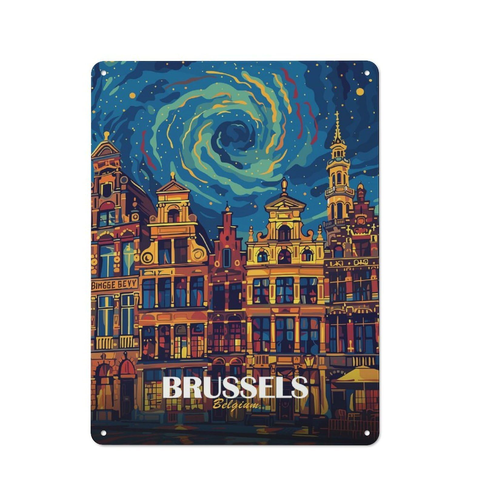 Junmoney Style-2 Brussels, Belgium Cityscape Art Tin Sign 40X30cm, Vintage Home Bar Decor For Cafe, Pub, Workshop Or Home Bar, For Relaxed Wall Styling
