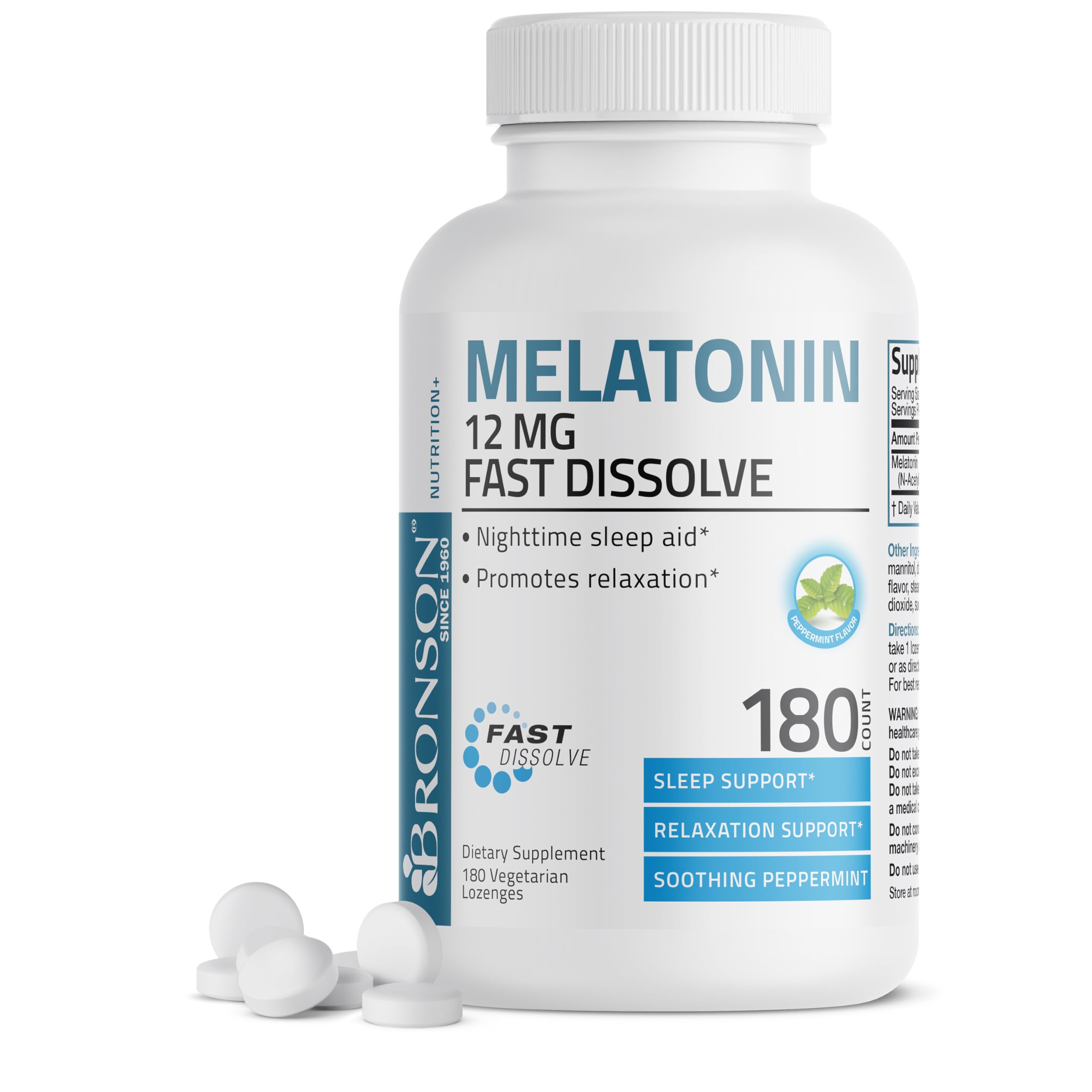 Bronson Melatonin 12mg Fast Dissolve Nighttime Sleep Aid Support & Relaxation Support, 180 Peppermint Vegetarian Lozenges