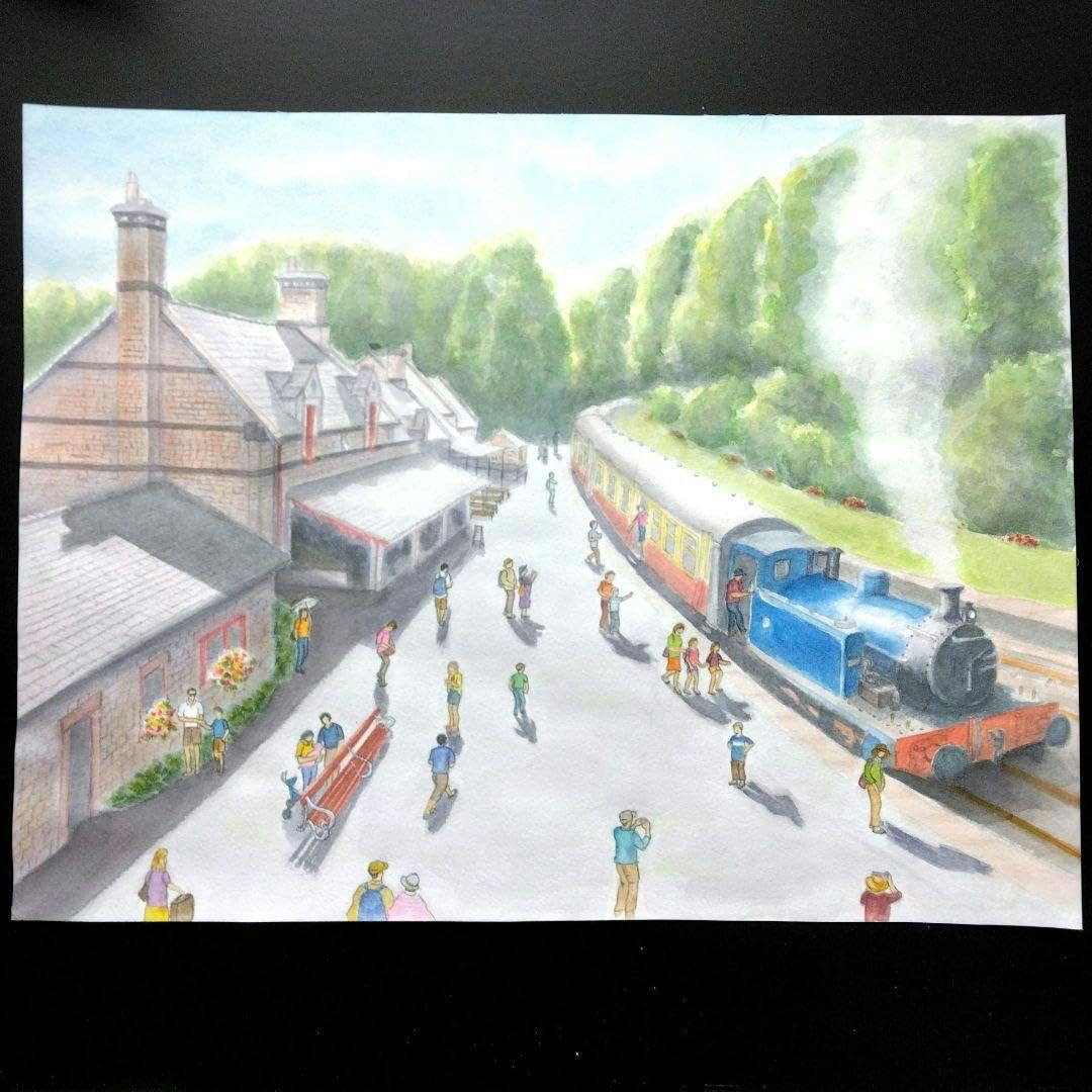 Amazon.co.jp: 水彩画原画透明水彩イギリス湖水地方汽関車トーマス 