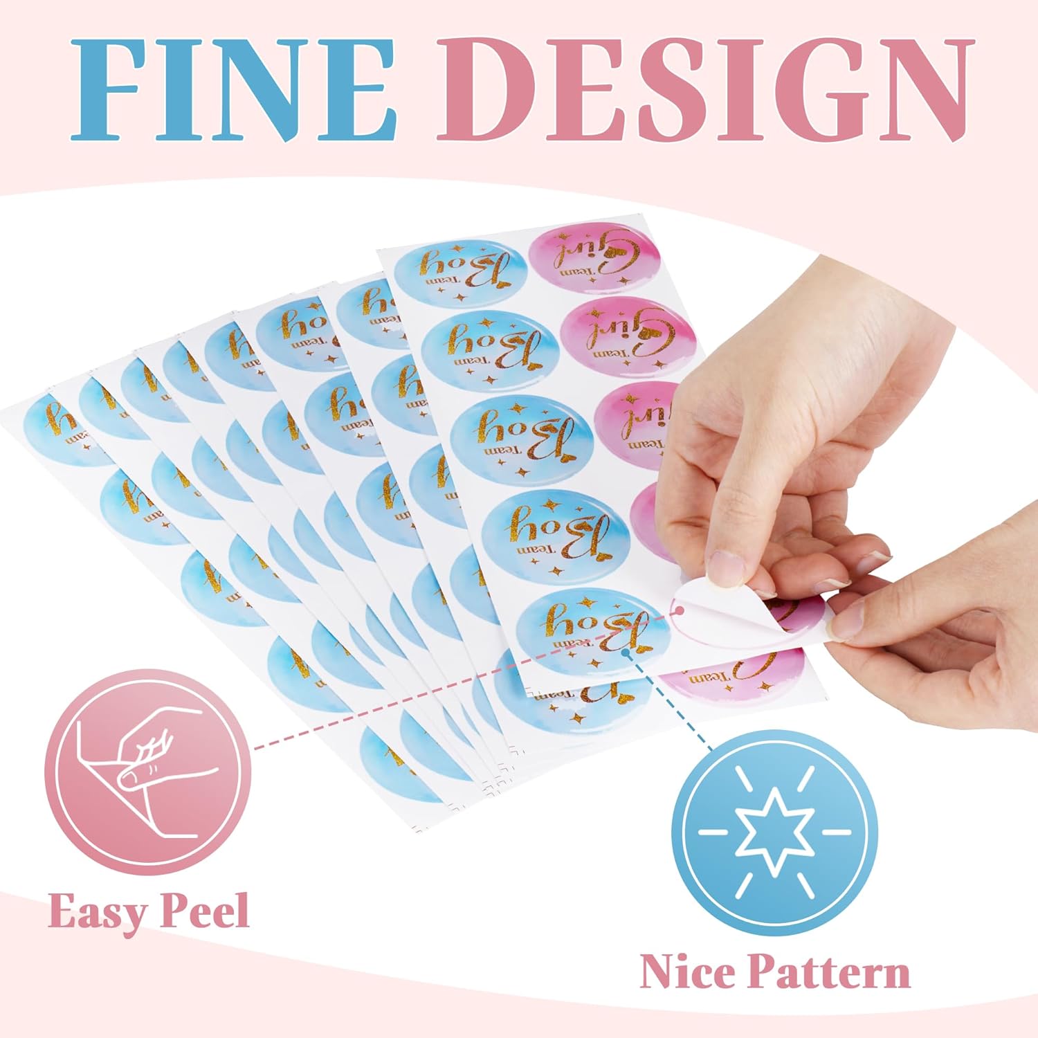 Condition photo showing New/Like New for gender reveal party stickers - 100 count, team boy and team girl voting labels for baby shower and gender reveal decorations