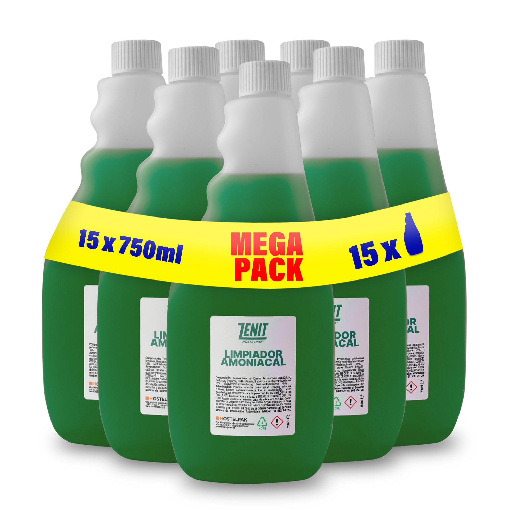 15 x 750 ml - Detergente ammoniacale multiuso professionale, per tutti i tipi di superfici, con ammoniaca