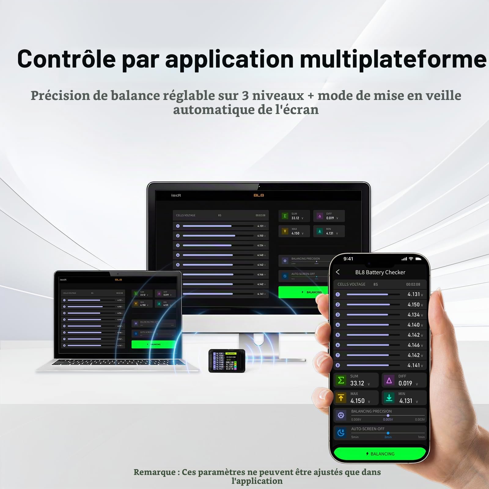 ISDT BL8 Testeur de batterie LiPo 2S-8S Smart Active Balancer XH2.54 Testeur de tension de cellules pour batteries RC avec application d'écran couleur de haute précision et télécommande