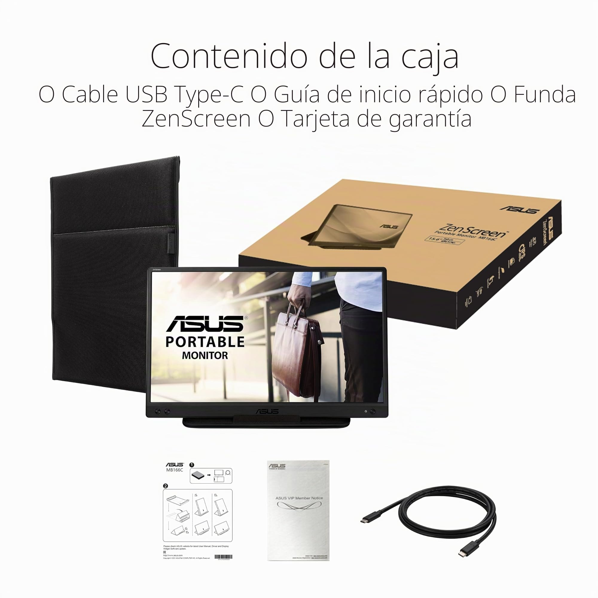 ASUS ZenScreen MB166C - Monitor portátil USB FullHD de 15,6" | 1920x1080, IPS, USB de tipo C, 60 Hz, Antiparpadeo, Filtro de luz azul, Antirreflejos, 250cd/㎡