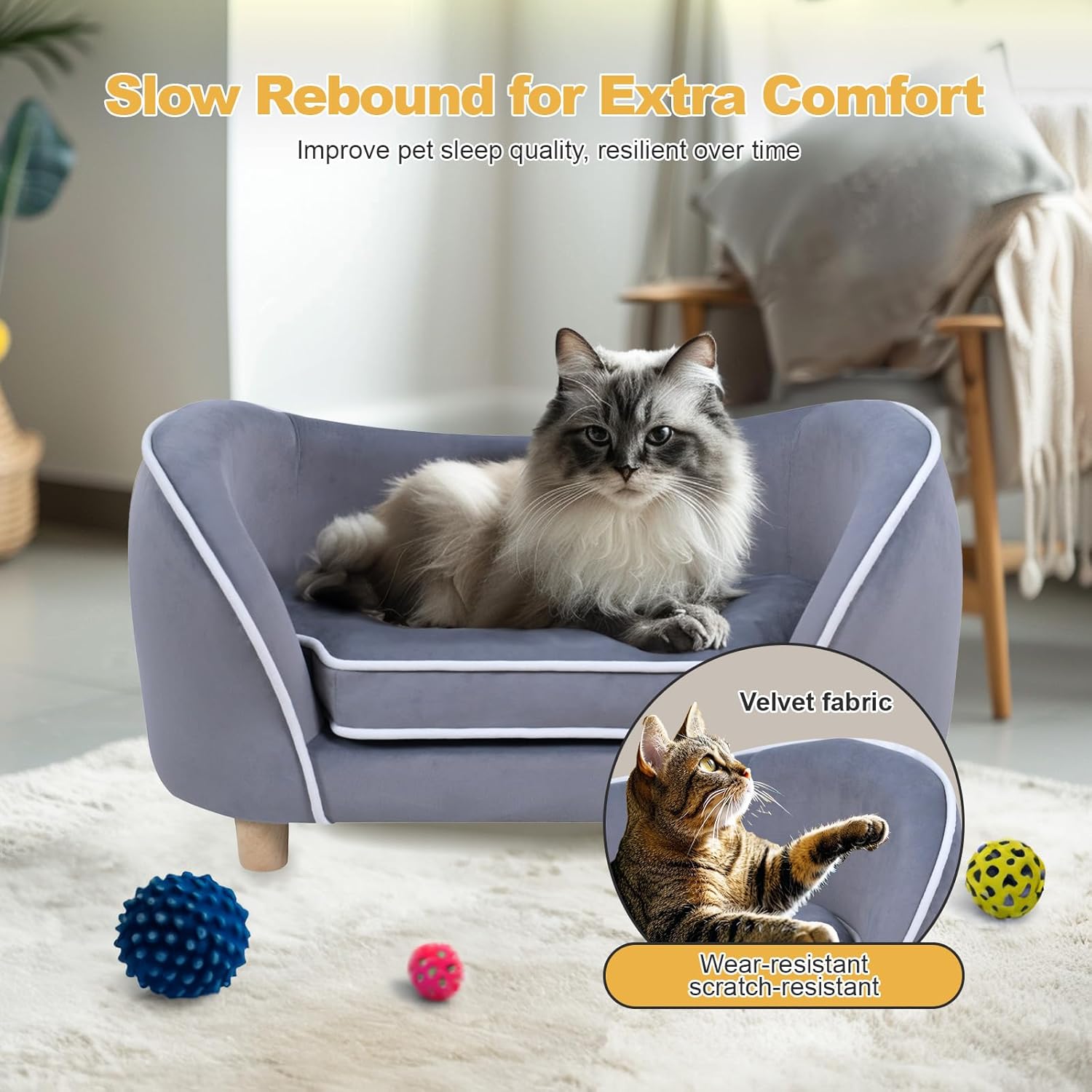 27'' Pet Sofa Bed for Small Dogs and Cats with Soft Cushion, Removable Cover, Wooden Legs, Gray
