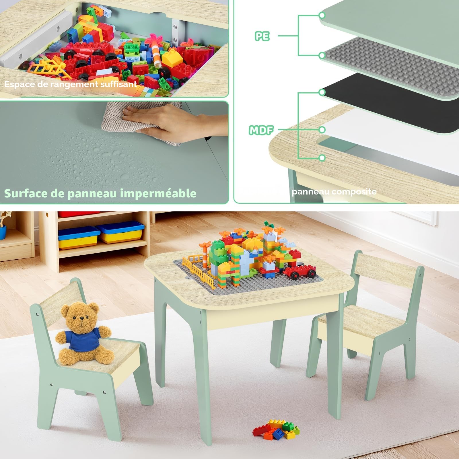MAMIZO Table pour Enfant avec 2 pcs Chaises, Chaise et Table, Tableau Double Face, Ensemble de Table et Chaises,Tableau des Blocs de Construction,Bureau Enfant, Vert