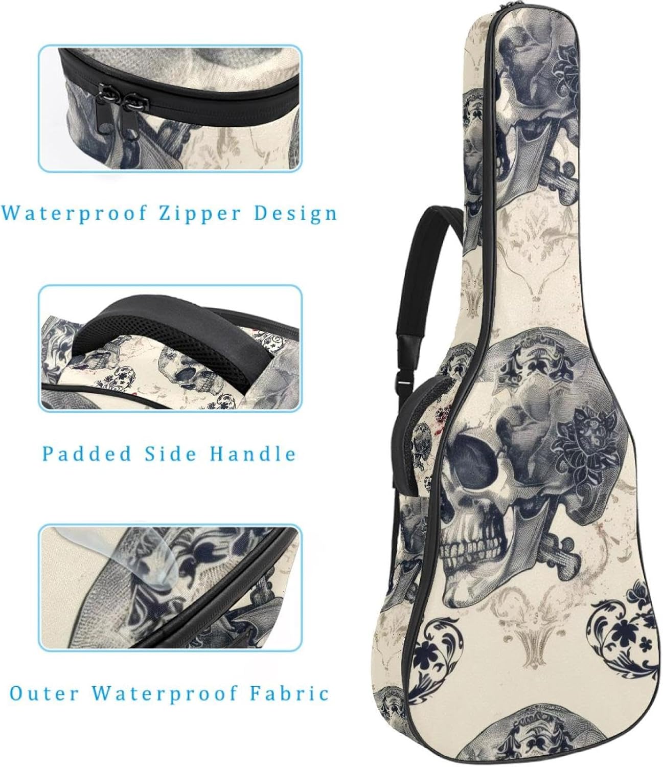 Acoustic Guitar Bag, 40 41 42 Inch Guitar Case Cover Soft Guitar Gig Bag for Acoustic Electric Bass Classical Guitar, Skull Playing Card Aesthetic Pattern