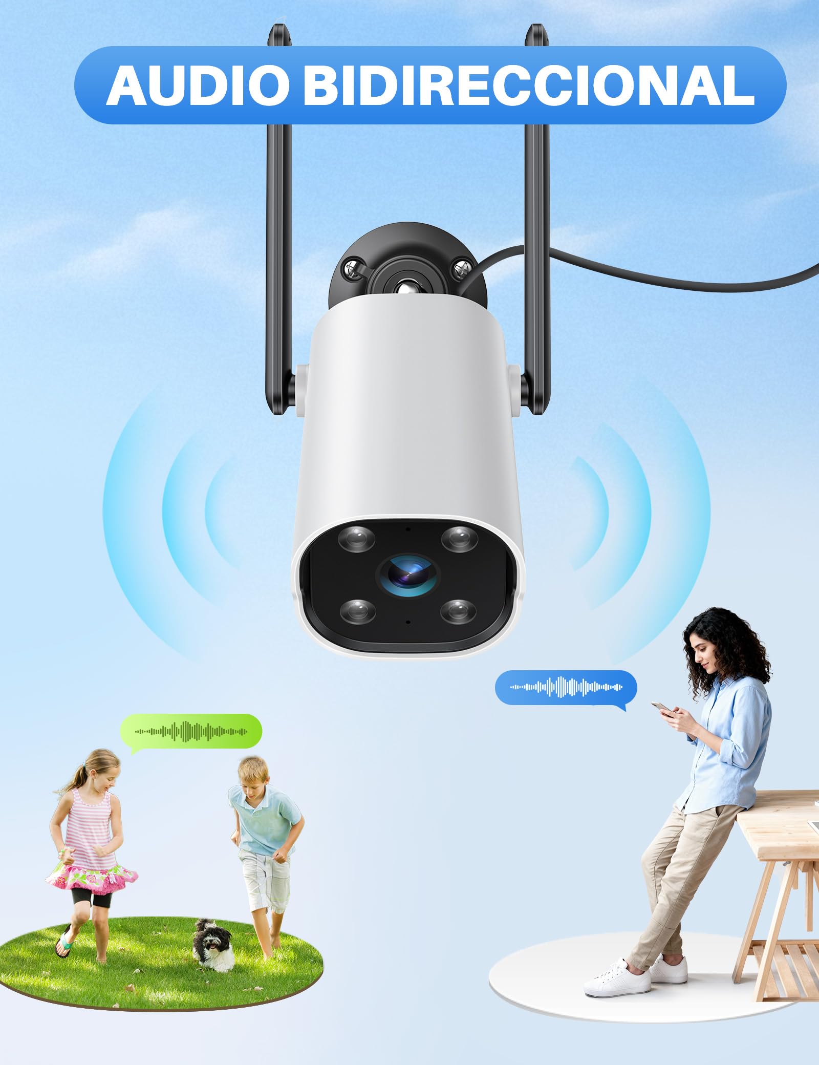 WOLFANG Camara Vigilancia WiFi Exterior, 2K Seguridad Camaras Vigilancia Domicilio WiFi 2,4G con Visión Nocturna Color, Detección de Movimiento, Sirena, Audio Bidireccional, IP65, 2 Pack