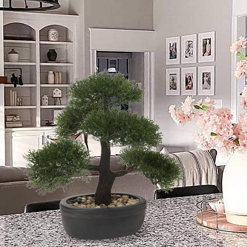 Briful Kunstbonsai Naturgetreue Künstliche Pflanze Kunstbaum Bonsai Zeder Kiefer Podocarpus Plastik Pflanze Kunstpflanze mit Keramik-Übertopf in Schwarz für Baddeko Desktop Büro Fensterbank