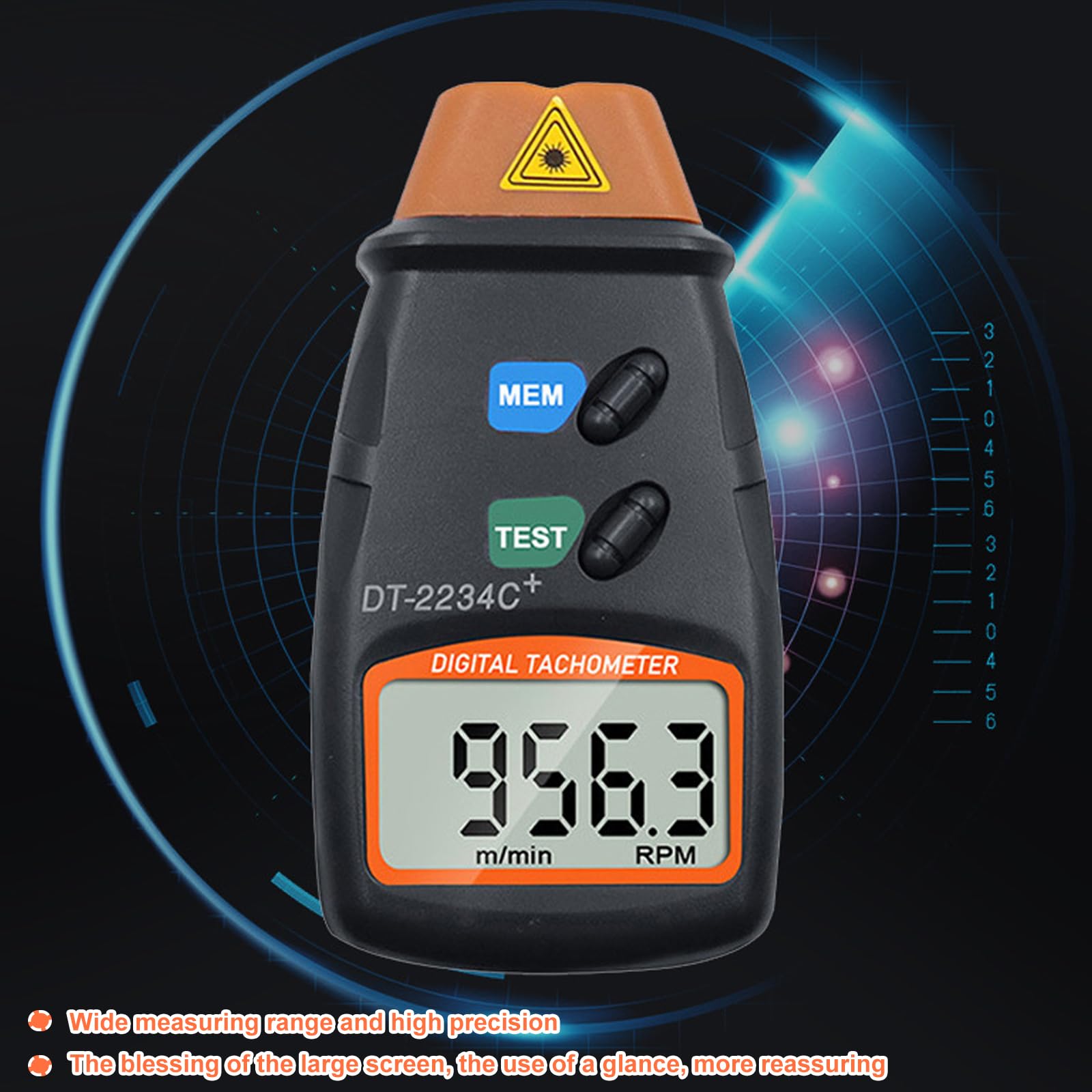Tacómetro Digital Láser Sin Contacto, Medición 2.5-99.999RPM, Pantalla LCD