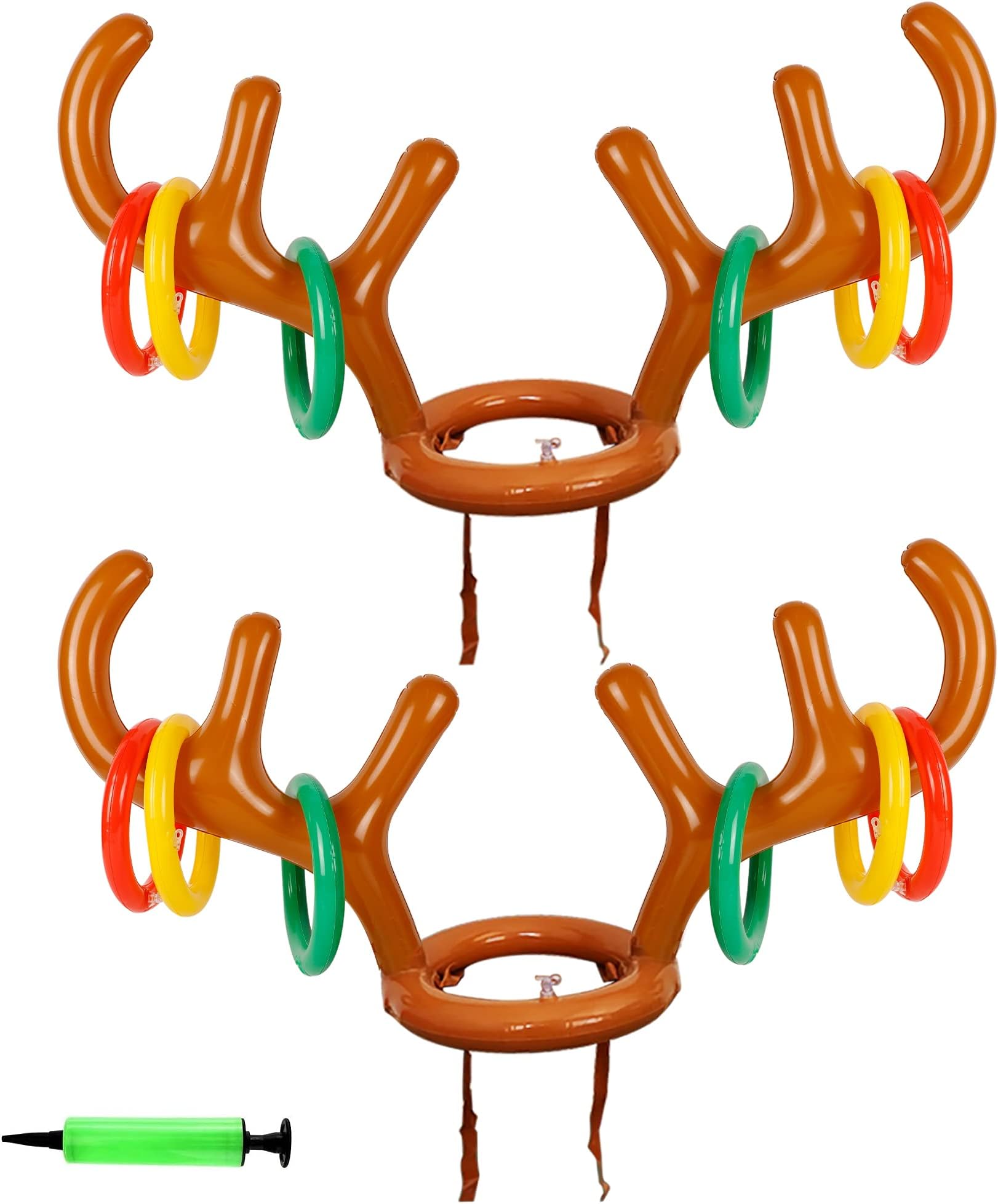 Zcaukya Inflatable Reindeer Antler Ring Toss Game, 2 Set Reindeer Antler with 12 Colorful Rings and Small Pump, Christmas Family Party Game Favors