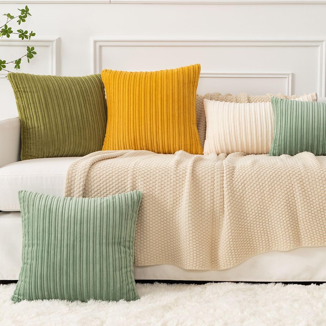 Kevin Textile Christmas Striped Corduroy Plush Texture Velvet Euro Throw Pillow Sham Cushion Cover for Chair, 24 x 24 inch (60cm), Set of 2, Creamy White - Image 8