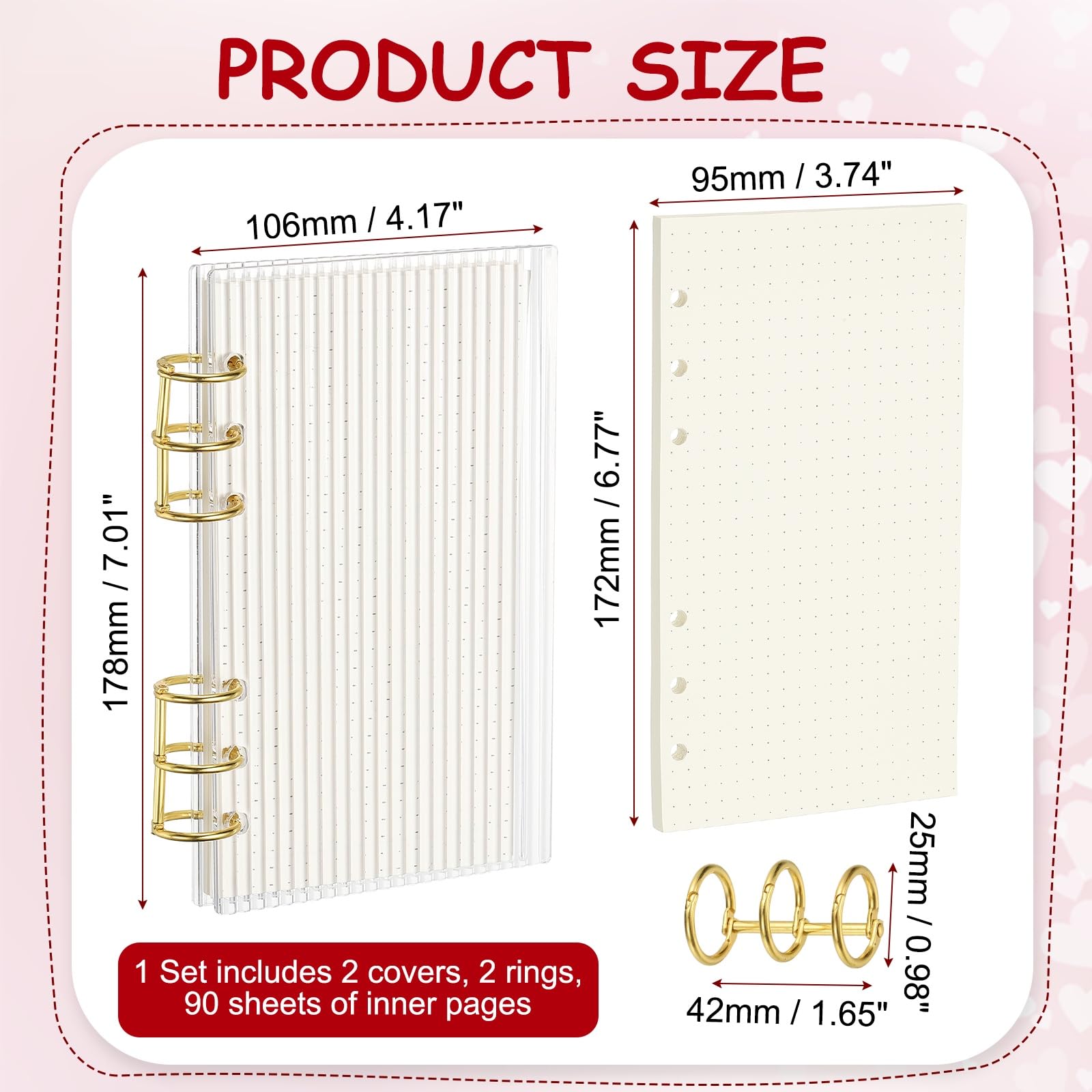 PATIKIL 6 Ring Binder Notebook Cover, A6 Strip Acrylic Binder Notebook 2 Gold Metal Round Rings with 90 Sheets Dot Inner Papers for Travel Office Planner Budget, Clear - Image 2