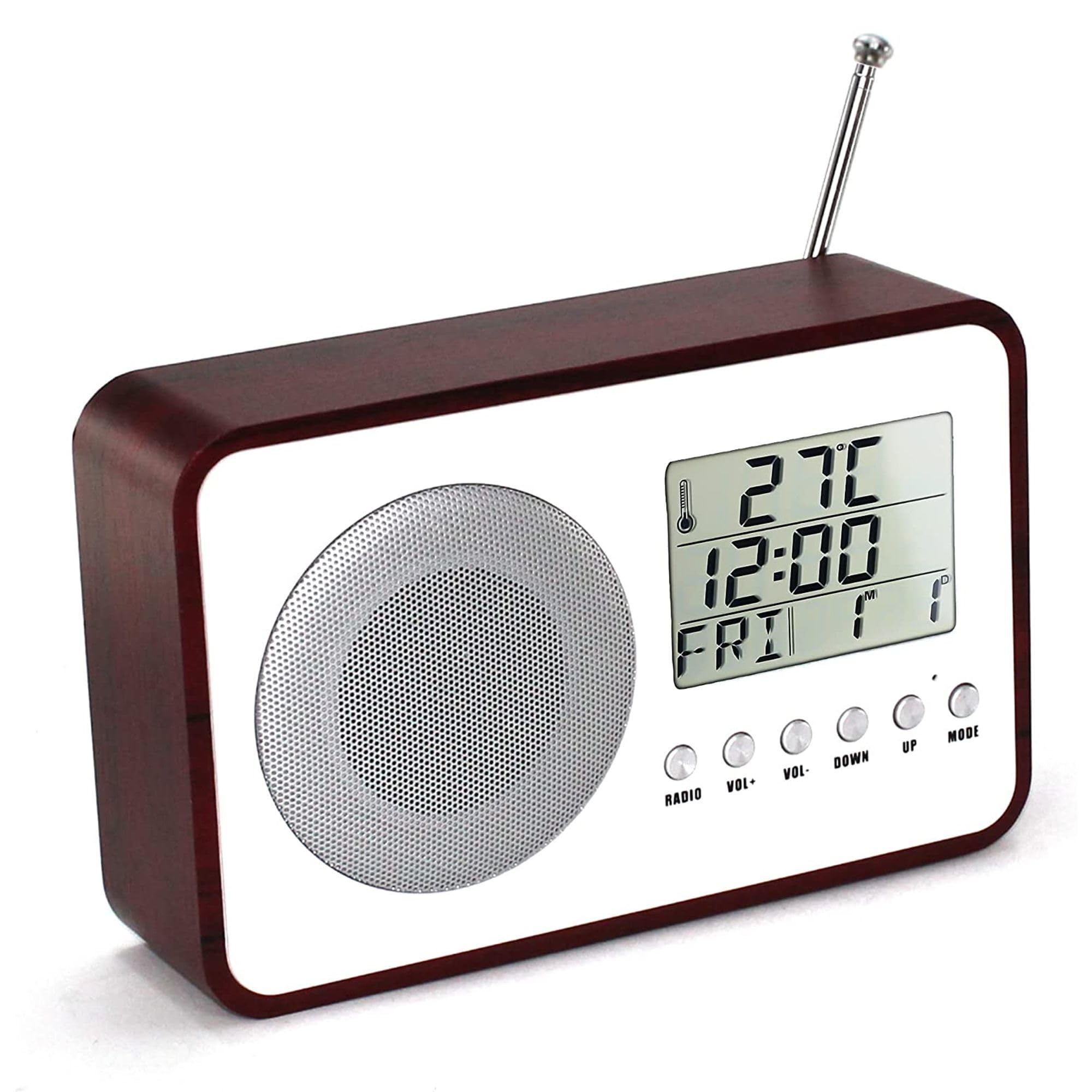 FISHTEC ® Radio Reveil Rétro Vintage Portable Look 60's - Poste Radio FM/AM - Ecran LCD - Alarme Snooze - Affichage Température (°C/F) Date Heure - Haut Parleur Stéréo - Couleur Bois