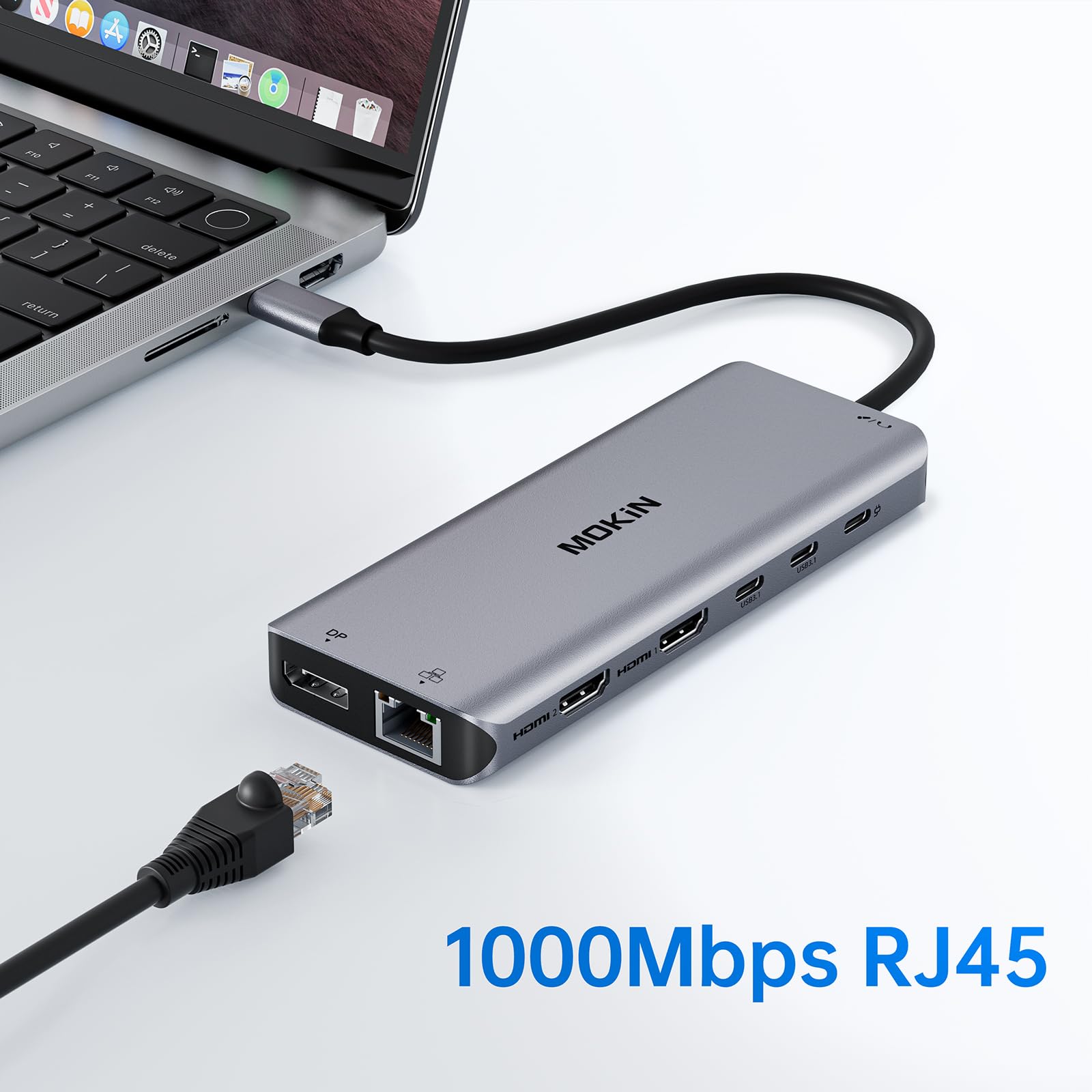 Stacja dokująca USB C, 3 monitory, koncentrator USB C, laptop, podwójny monitor, wieloportowy adapter dokujący, USB C na 2 HDMI, DisplayPort, ładowanie PD, Ethernet, 5 portów USB C/A, MicroSD/SD