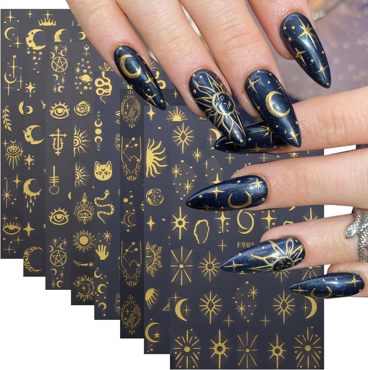 Gold Star 8-Sheet Nail Sticker Decals - Metallic 3D Self-Adhesive Sun Stars, Moon, Starlight Planets, Snake Nail Design Art Stickers for Women's Acrylic Nails