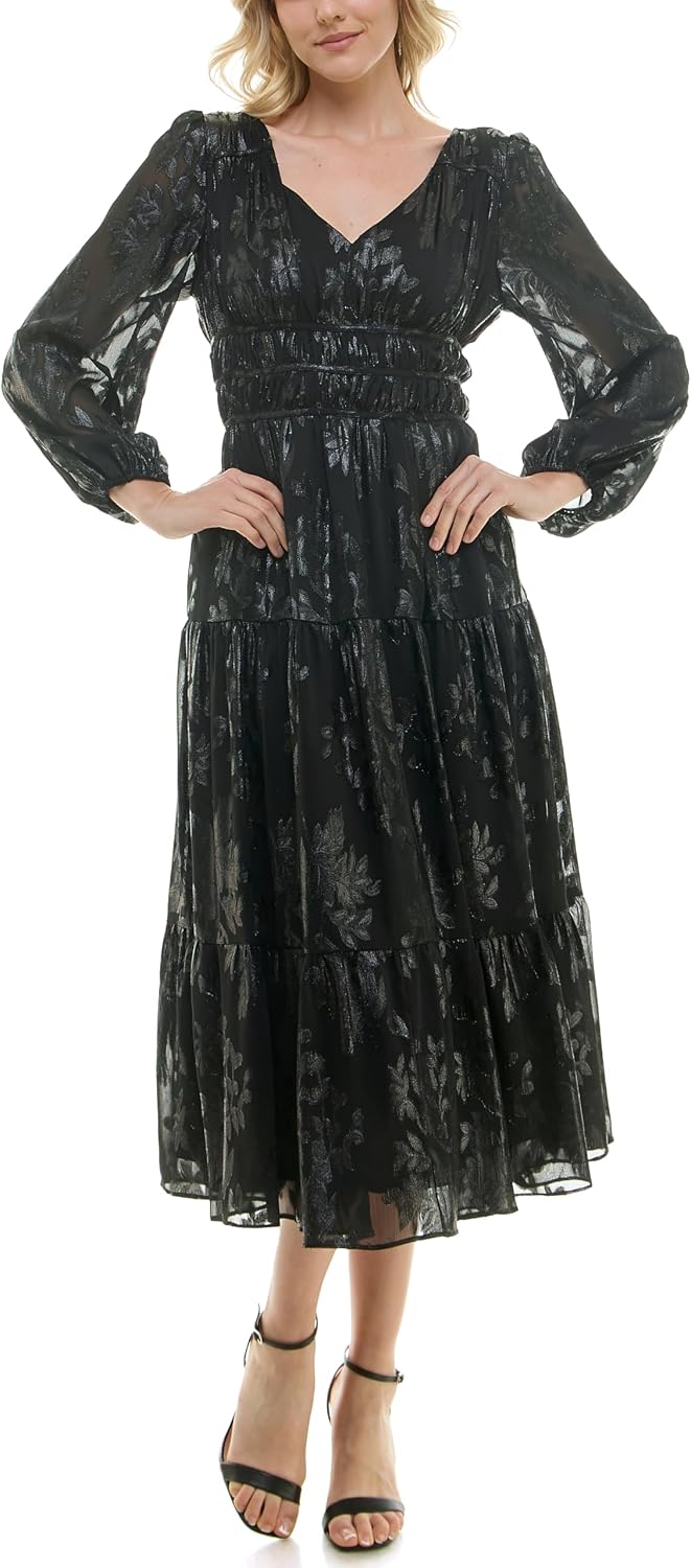 Nicole Miller New York Women's Long Sleeved Slipped Jaquard V-Neck Dress with Blouson Sleeve