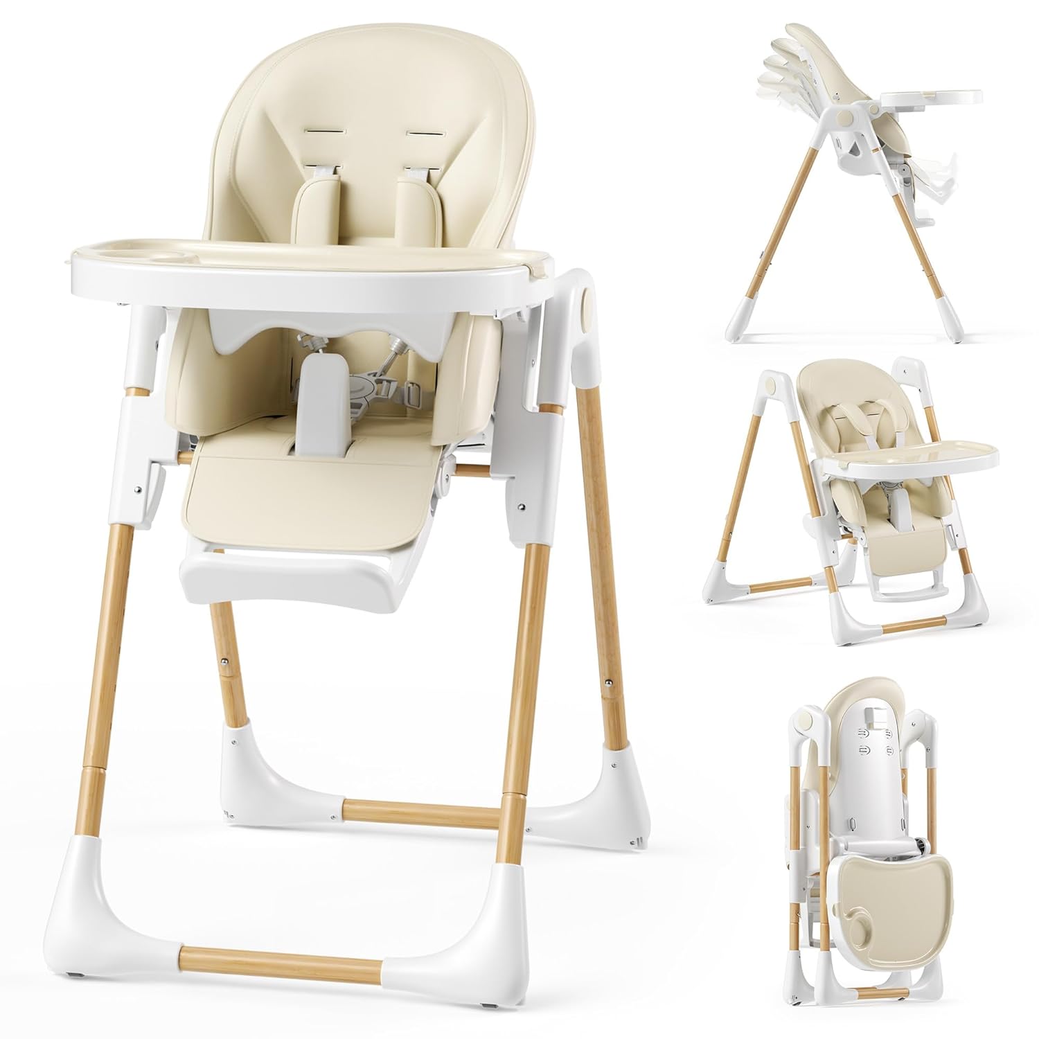 Kinder King Convertible High Chair for Babies & Toddlers, Adjustable Baby Feeding High Chair with Removable Double Tray, Simple Compact Fold for Space-Saving, 2 Built-in Wheels, Easy to Clean