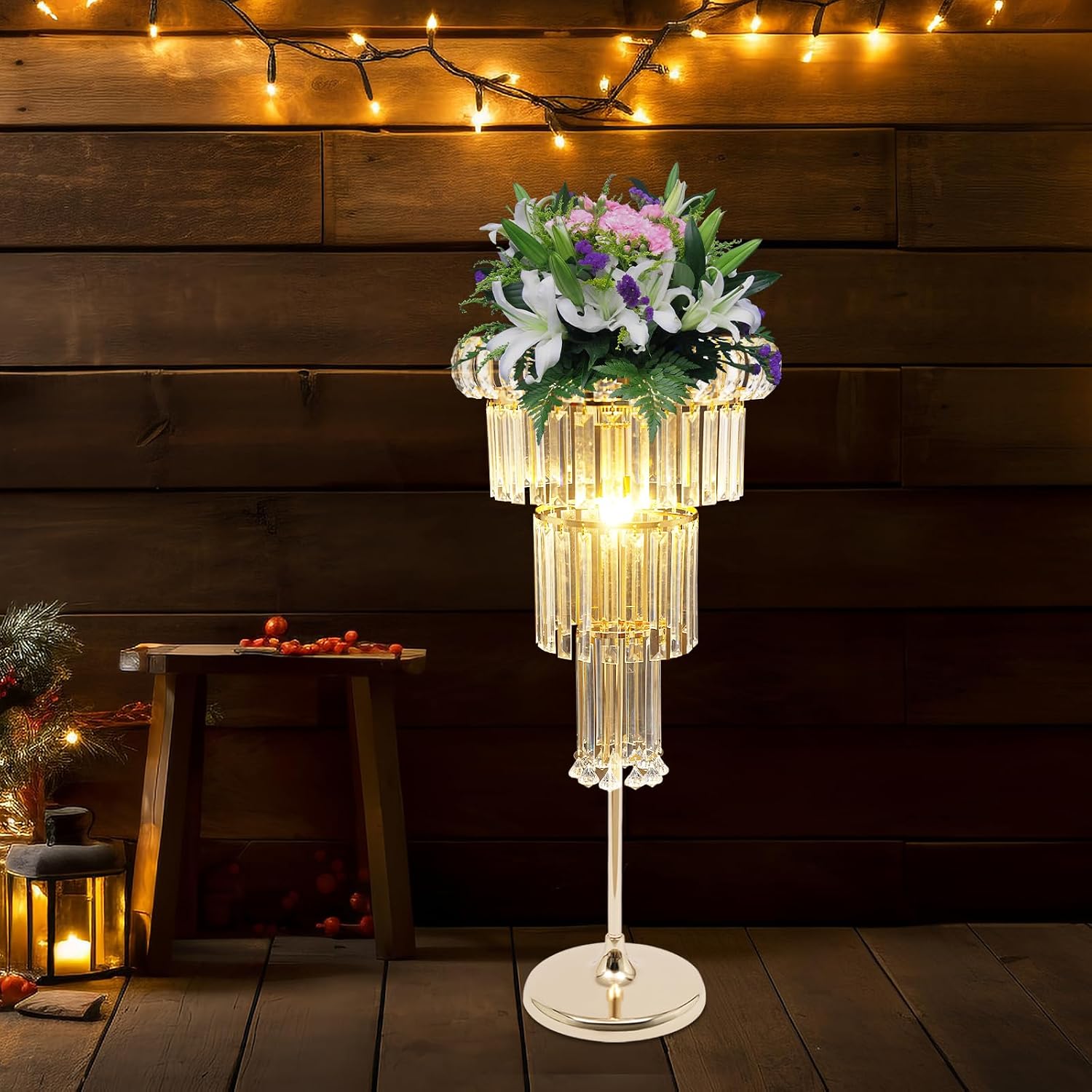4-Tier Wedding Gold Centerpieces, Crystal Flower Stand with LED Light and Hanging Crystals, Round Chandelier Pedestal Stand for Wedding Road Lead Flower Arrangement Decoration (Gold)