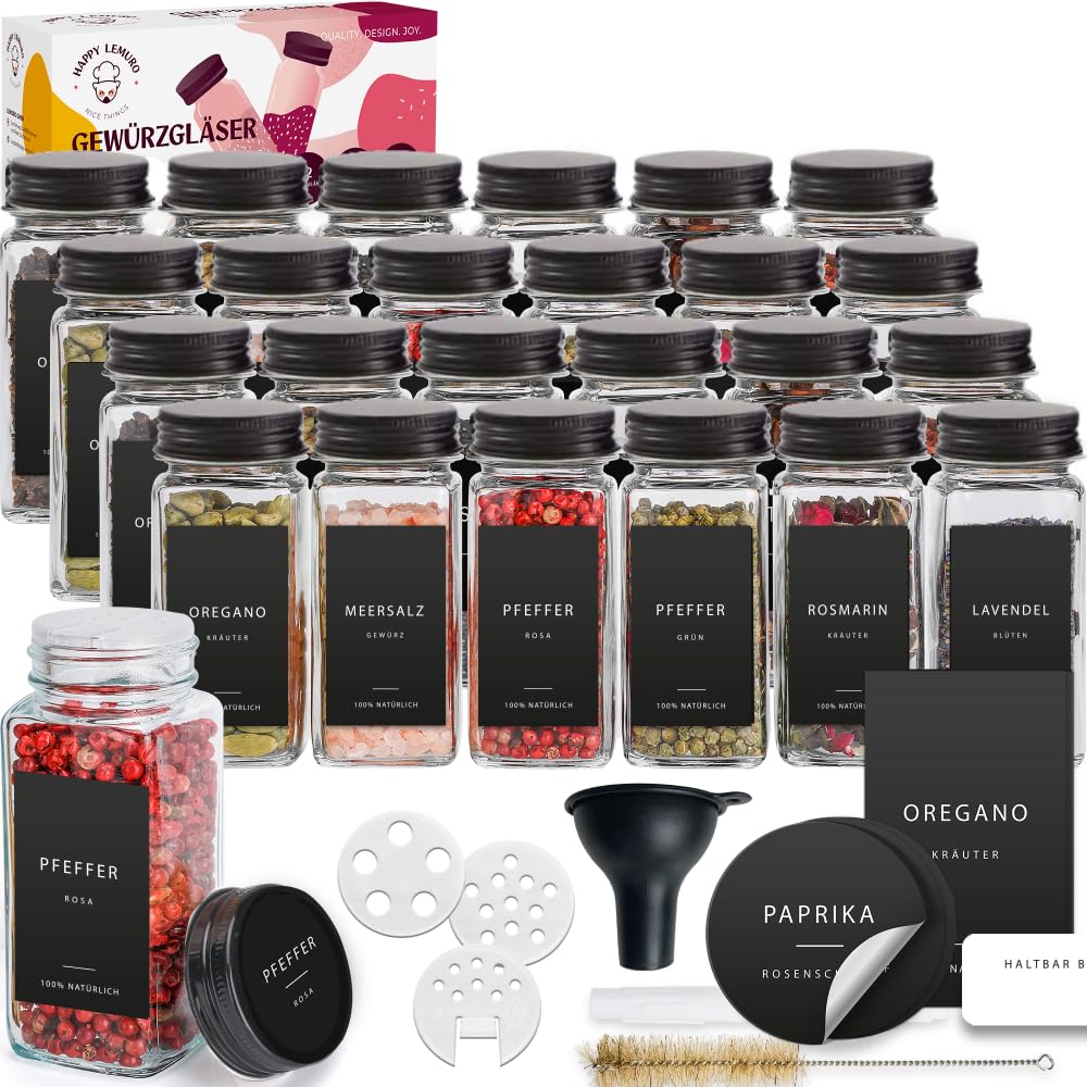 Gewürzgläser Set [24 x 120ml] mit 301 Etiketten auf Deutsch | Matte Deckel in Schwarz | Gewürzbehälter mit Metalldeckeln & Streueinsatz. Gewürzgläser Eckig, 24er Set