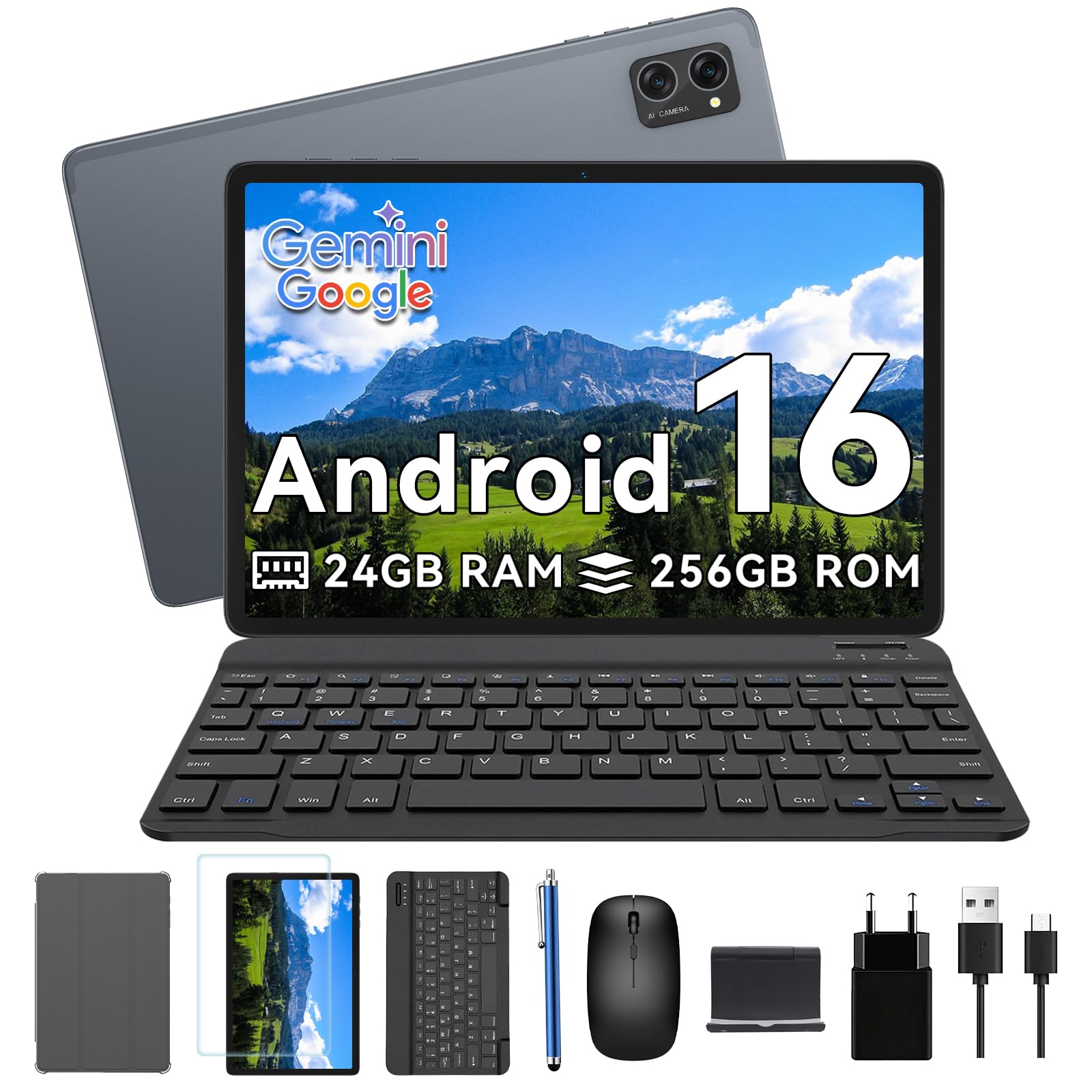 TABWEE Android 16 Tablet mit Tastatur und Stift, 24 GB + 256 GB (4 TB TF) | Ideal für Studium und Entertainment, Octa-Core, Gemini AI, Widevine L1, Tablet 10 Zoll, GPS, Face ID (4 Jahre Garantie)