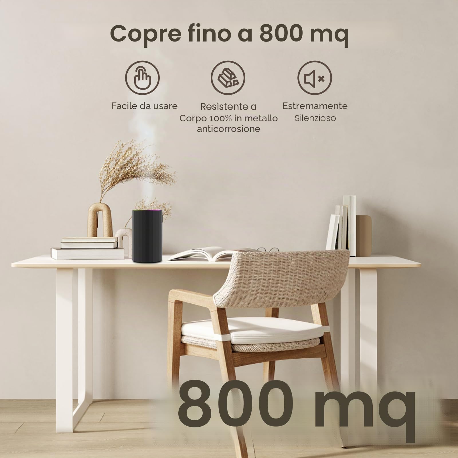 Diffusore senza acqua per oli essenziali per casa, funzionamento a batteria, senza fili, con temporizzazione e 3 livelli di nebbia, auto, camera da letto, ufficio, lega di alluminio nera (Schwarz)