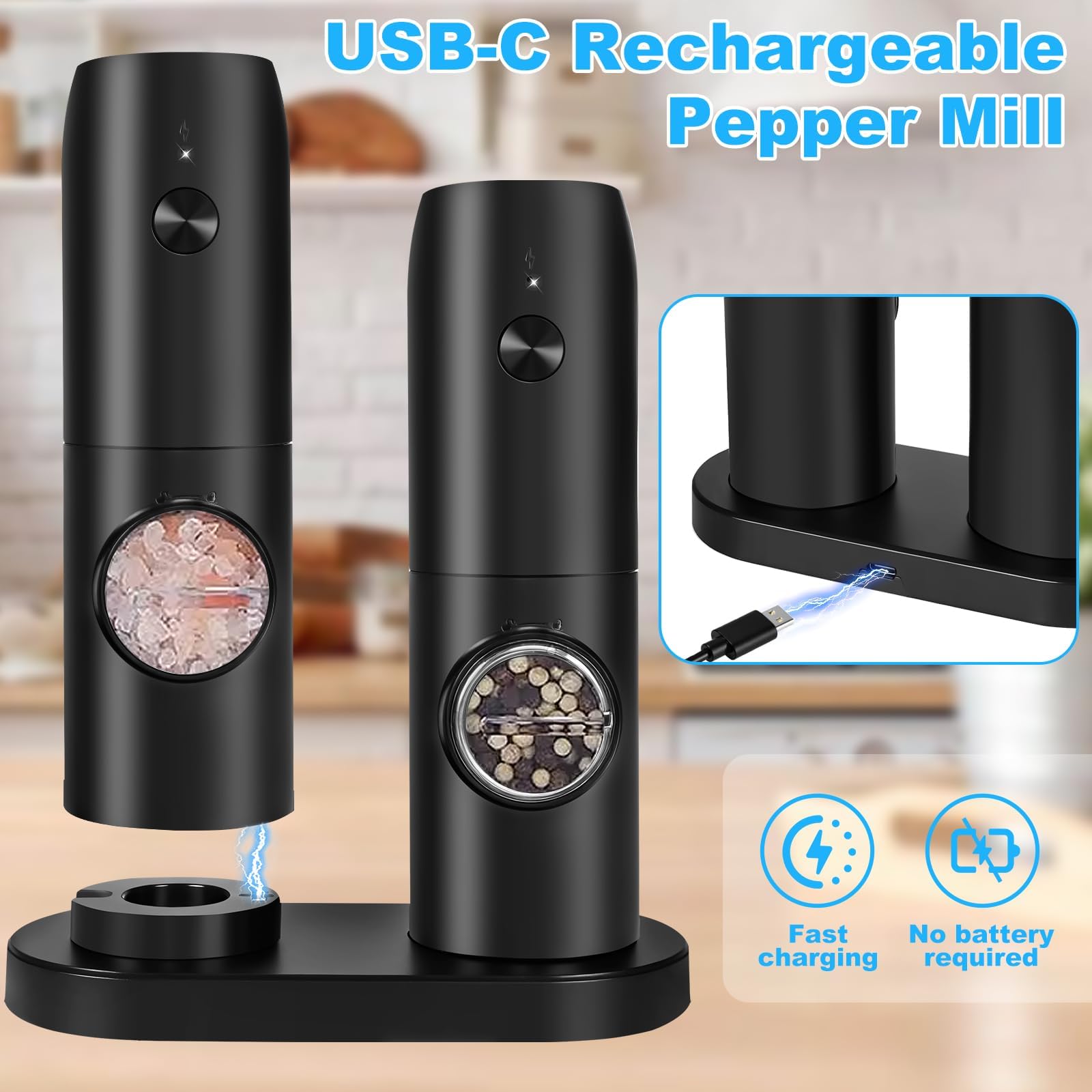 UCAMP Moulin à Sel et Poivre Électrique, Base Rechargeable, Grossièreté Réglable, Lampe LED