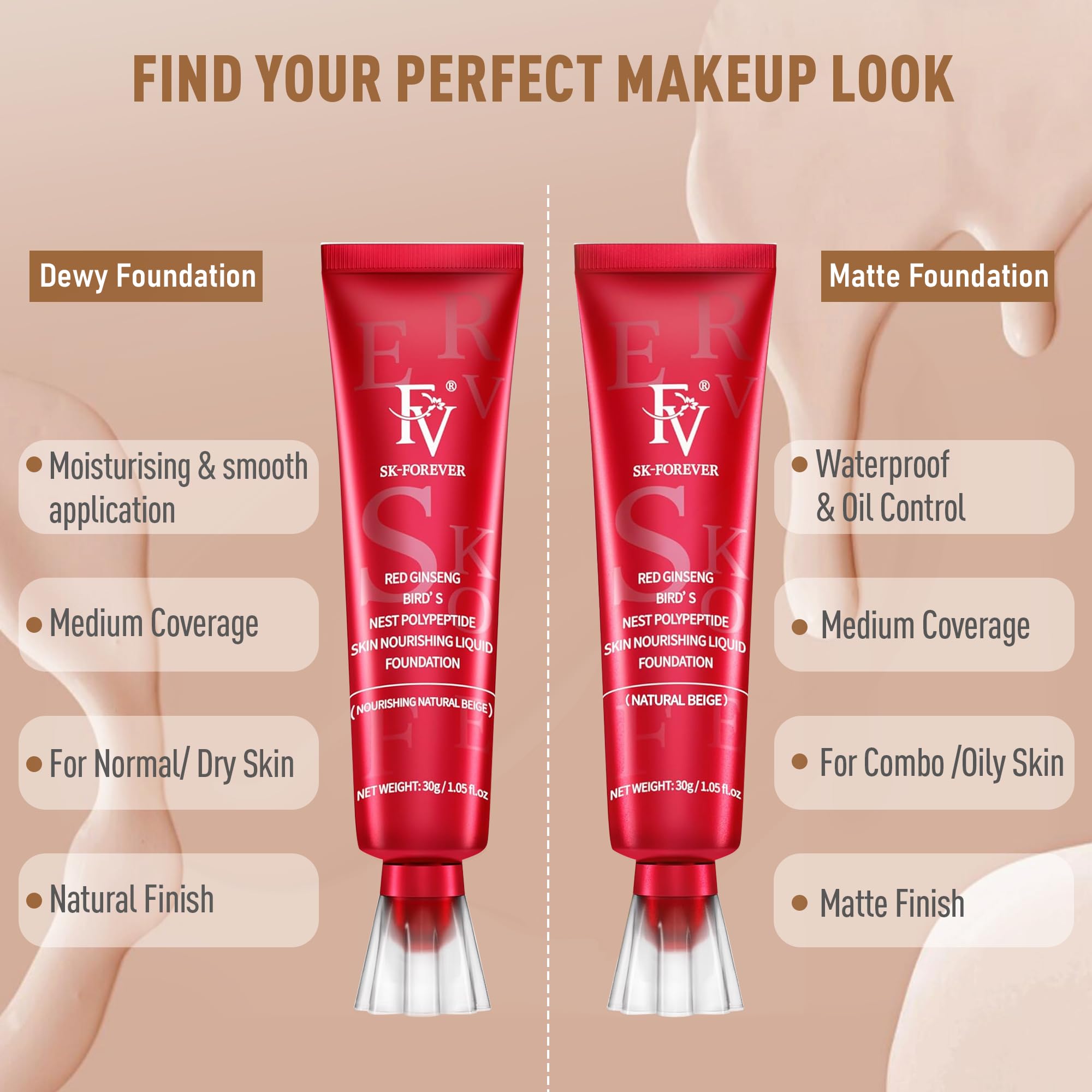 FV Waterproof Liquid Foundation with Matte Finish, Lightweight, Oil-Free, Natural Look Makeup for Combination & Oily Skin, Light to Medium Coverage,Natural Beige, 1 fl. oz.