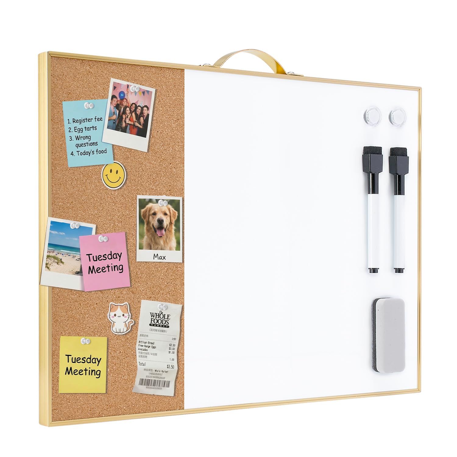Small Cork Board Whiteboard Combo - 12" X 16" Portable Aluminum Gold Framed Magnetic Dry Erase Board for Wall, Mini Bulletin CorkBoard with a Handle for Office, Home and School
