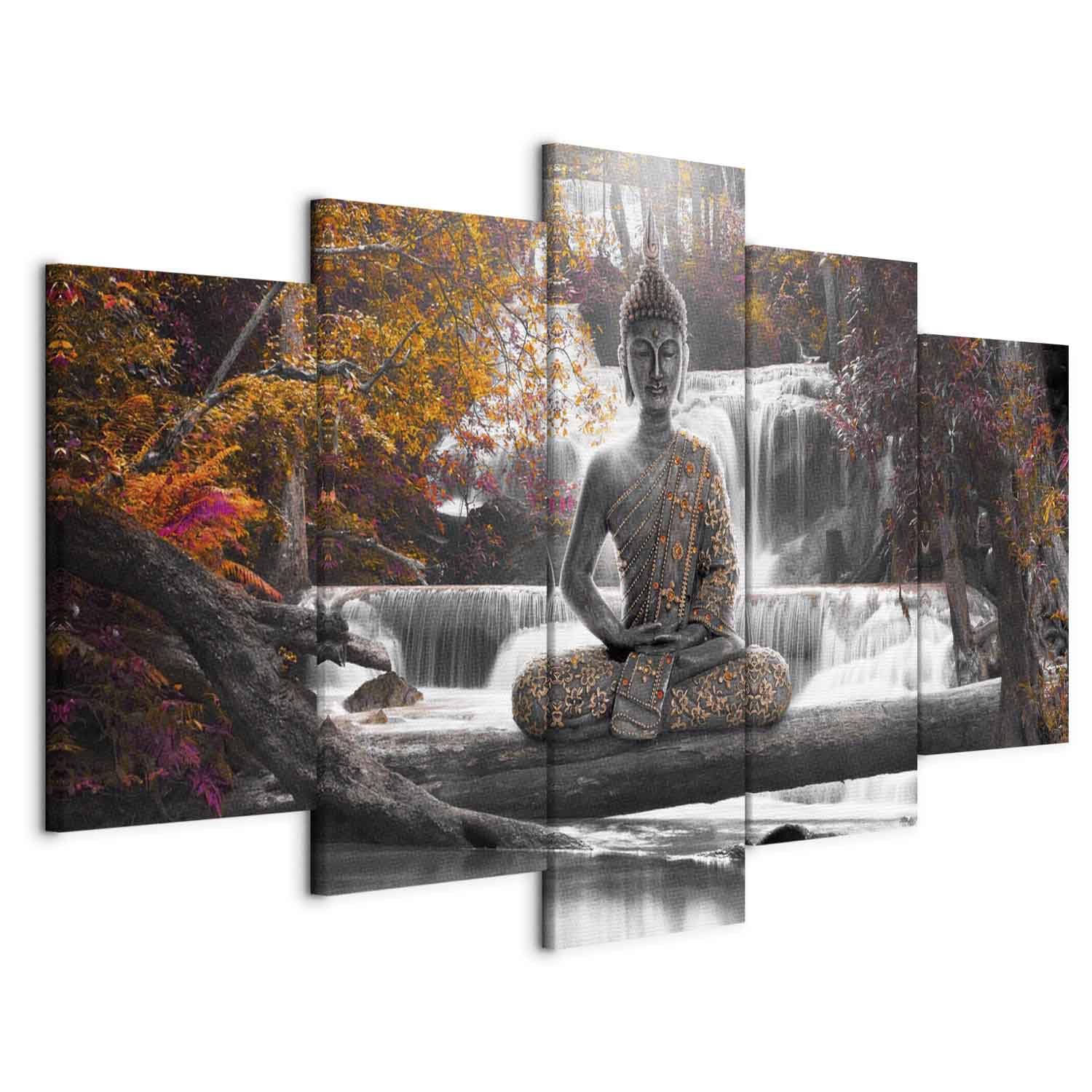 Cuadros B&D XXL - Cuadro en Lienzo Buda Buddha 200x100 cm 5 Piezas - Cuadros decorativos Decoracion Decorativo para Pared modernos dormitorios impresión artística - Oriente Zen Cascada c-A-0021-b-p