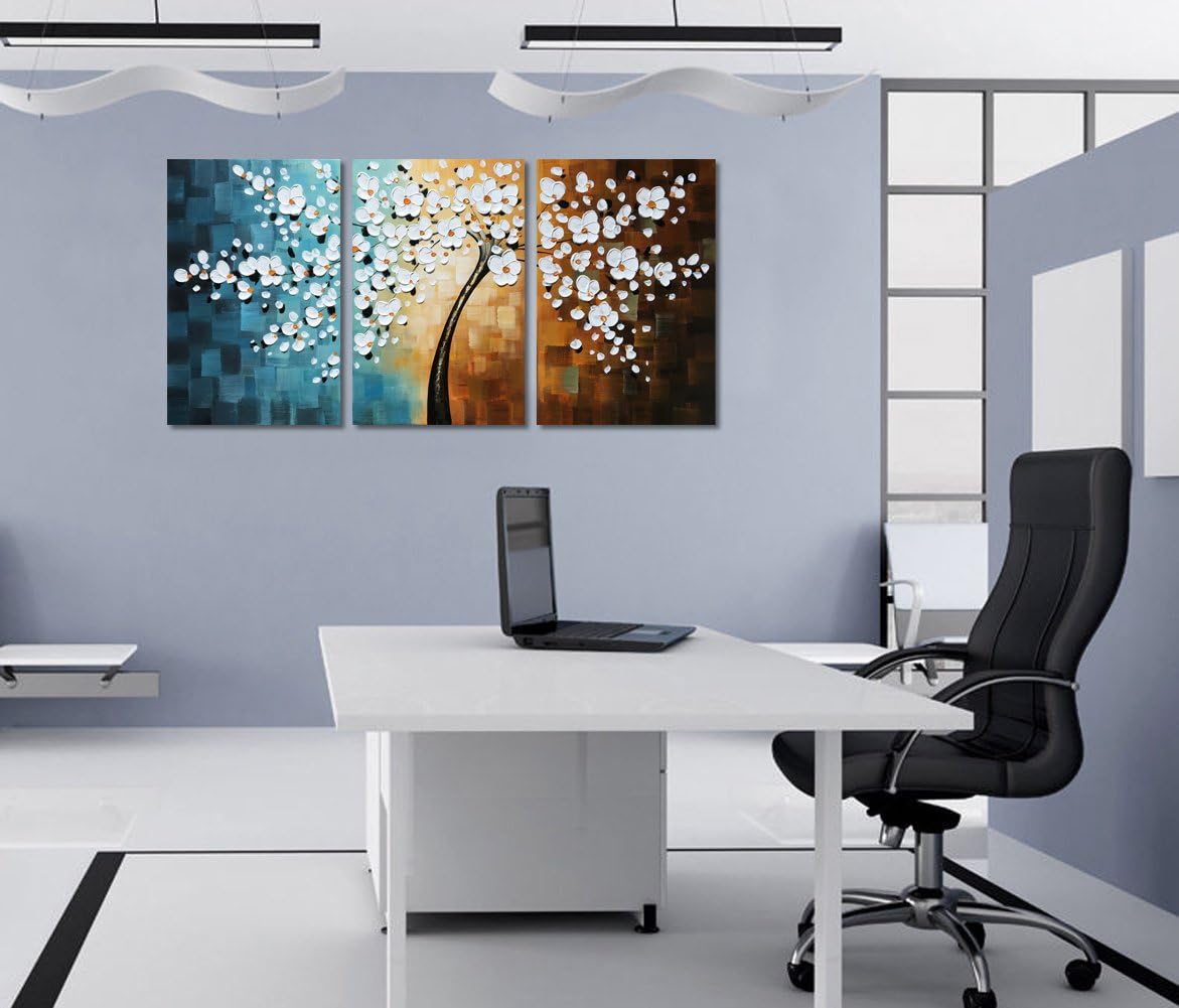 Winpeak Hand-painted White Flower Oil Painting Modern Floral Canvas Wall Art Abstract Plum Blossom Artwork Stretched and Framed Ready To Hang