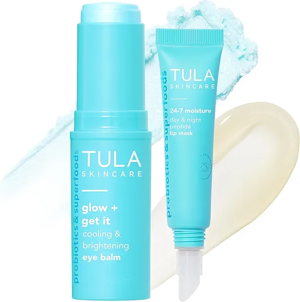 TULA Skin Care Drenched in Hydration Lip Mask & Eye Balm Duo | 24-7 Moisture Day & Night Peptide Lip Mask: 0.28oz, Glow + Get It Cooling & Brightening Eye Balm: 0.35 oz | 2 Piece