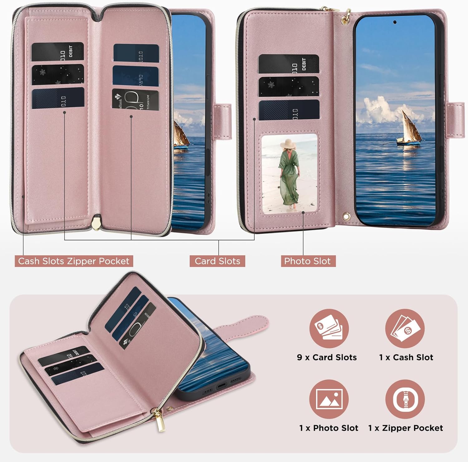 Asuwish Phone Case for Samsung Galaxy S25 5G Wallet Cover with Tempered Glass Screen Protector Strap Card Holder Slot Stand PU Leather Flip Cell Slim Zipper S 25 25S 25 25S SM-S931U Women Girls Pink