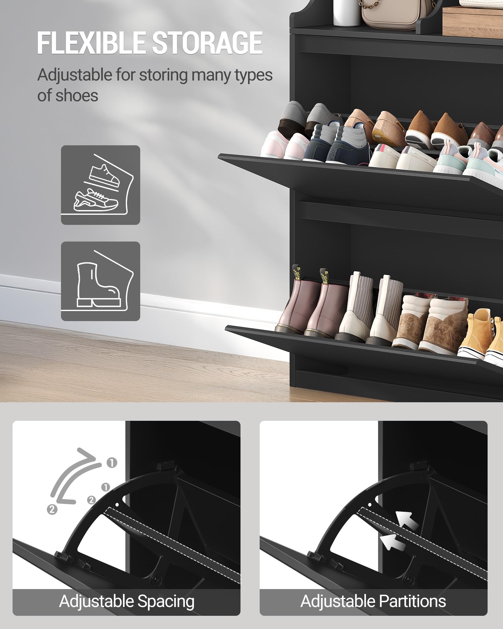 Hzuaneri Schuhschrank, Schuhregal Schuhkipper Schmal, Verstellbar, Schuhkommode für Eingang, Flur, Garderobe, 16 Paar, 2 Klappen (80B cm), Schwarz SR45306X