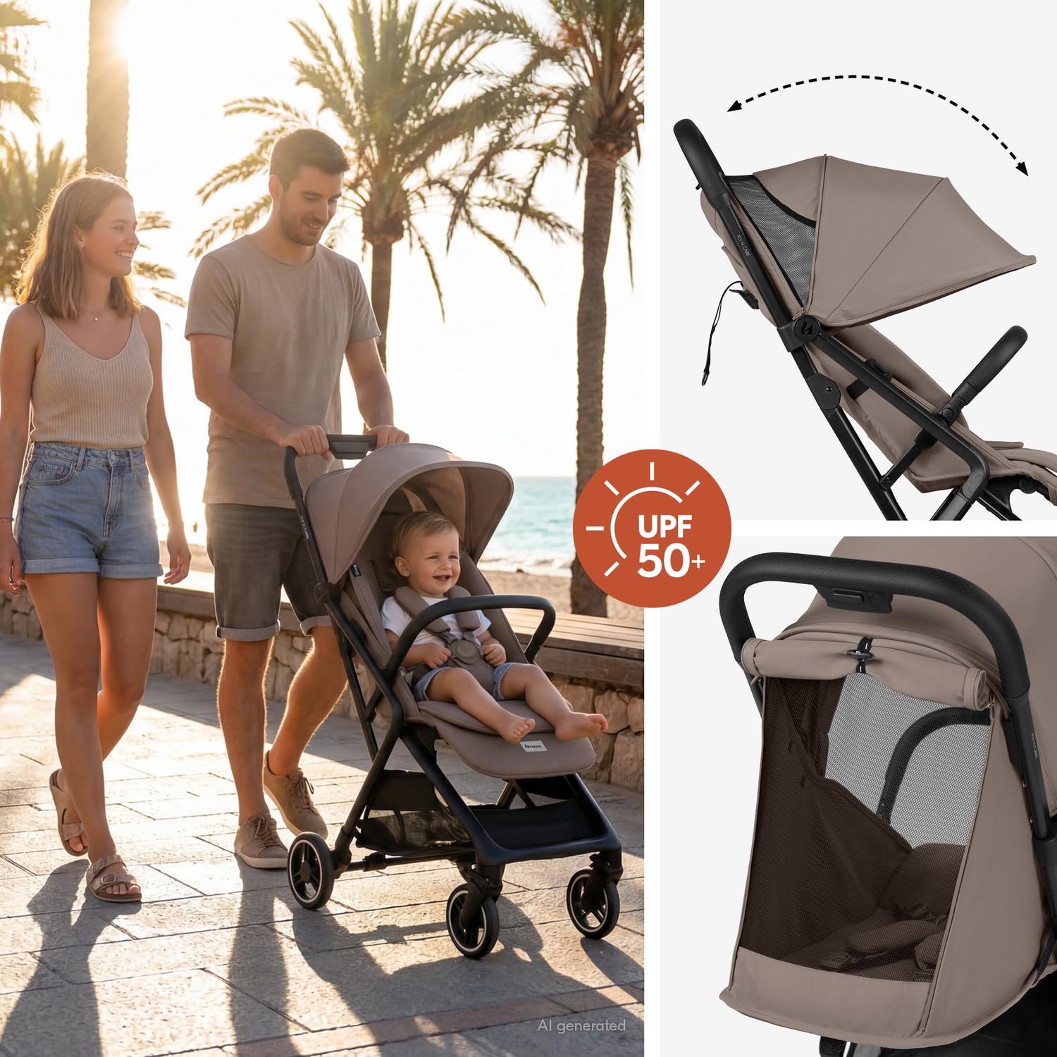 hauck All-in-One Reisebuggy Set, Flugzeug Handgepäck, Fly N Care Mocha | Einhändig klappbar mit Tragetasche, Tragegurt, Sitzauflage, UV-Schutz 50+, XL Netzfenster, Liegeposition ab Geburt bis 22 kg