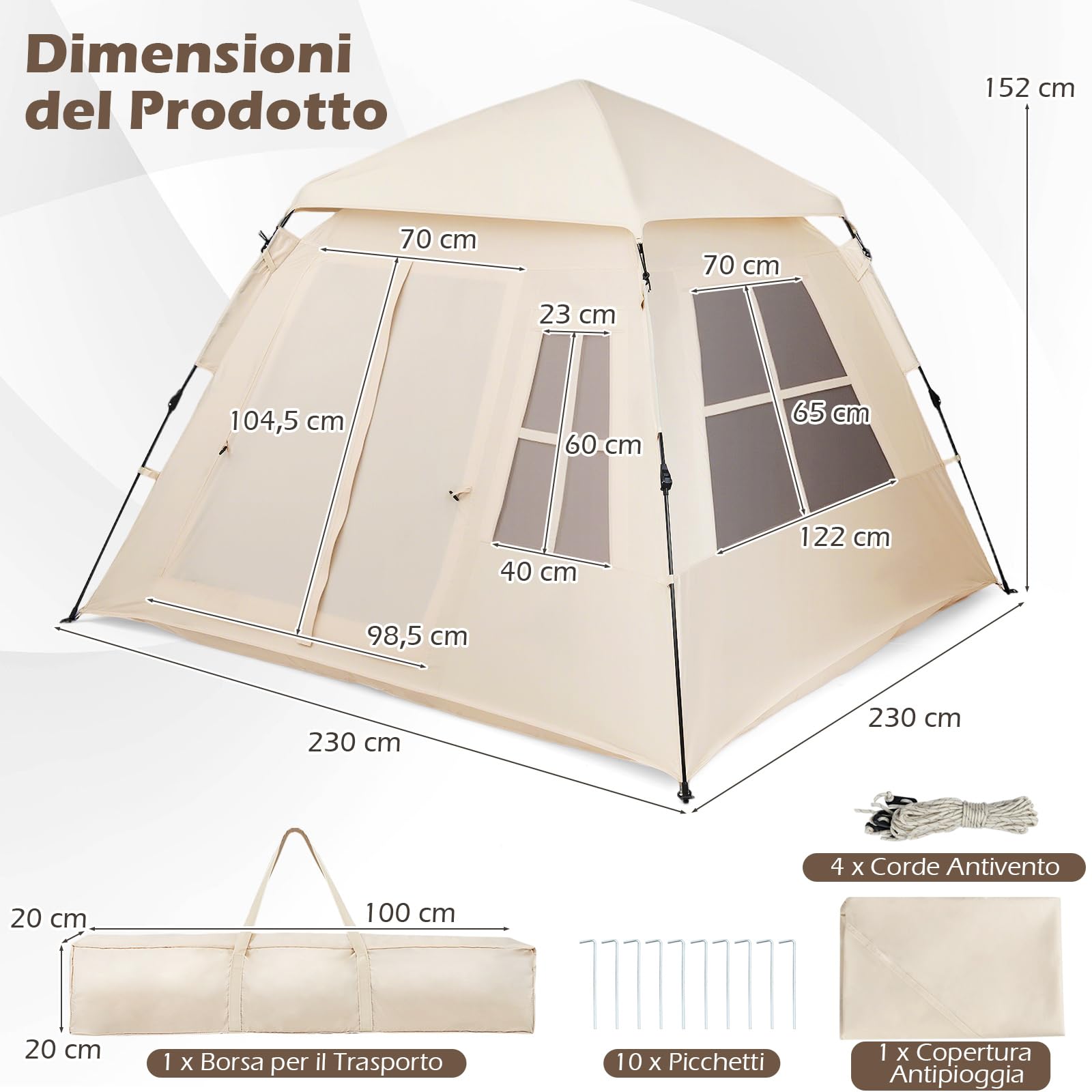COSTWAY Tenda da Campeggio per 3-4 Persone, Tenda da Spiaggia Protezione Solare con Copertura Antipioggia Rimovibile, 2 Porte, 4 Finestre Traspiranti e Borsa per il Trasporto, Facile Installazione