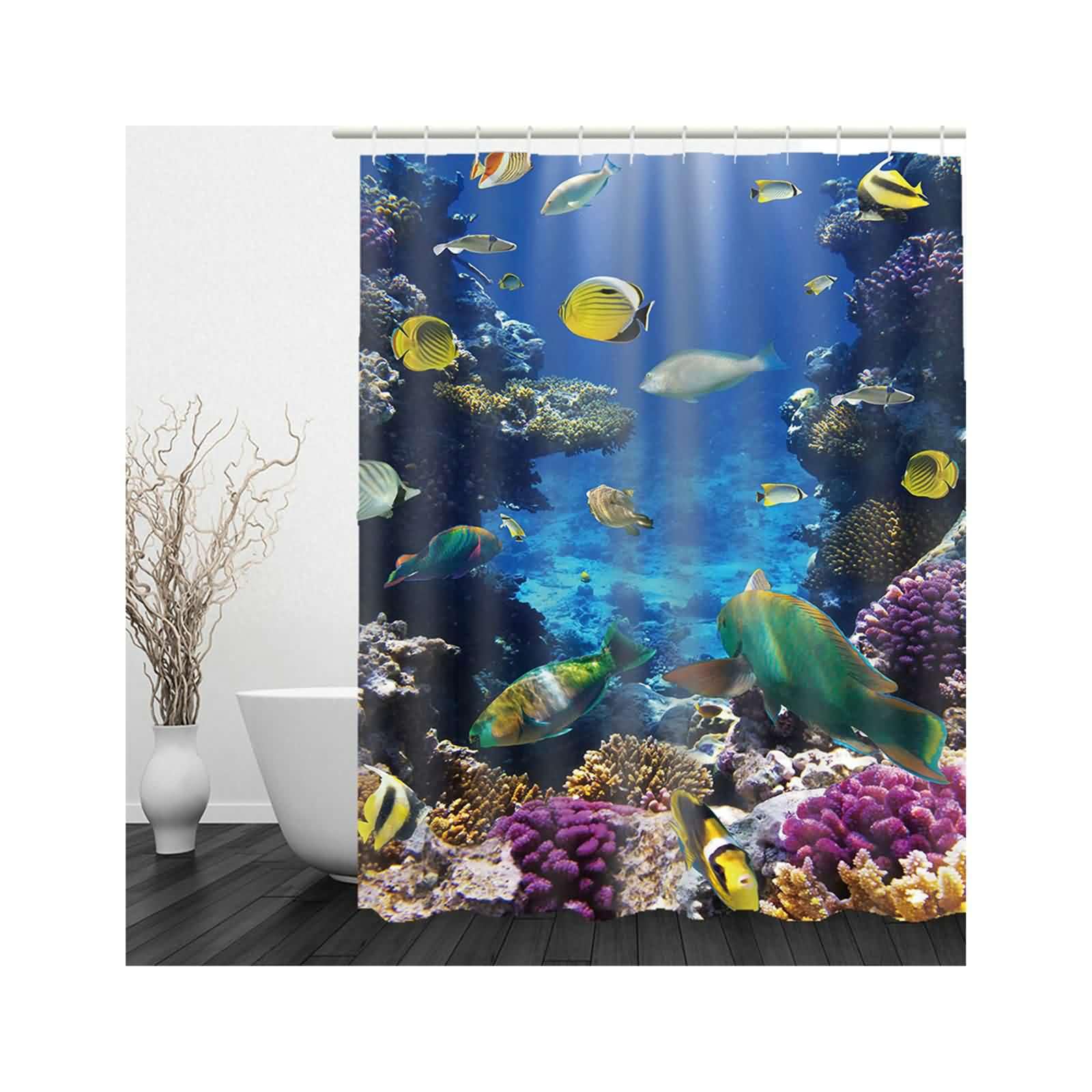 Rideau Douche Tissus Rideaux Salle Bain Imperméable Monde sous Marin Original Fenêtres Bleu pour Baignoire Douche, Fond Antidérapant 220x180cm