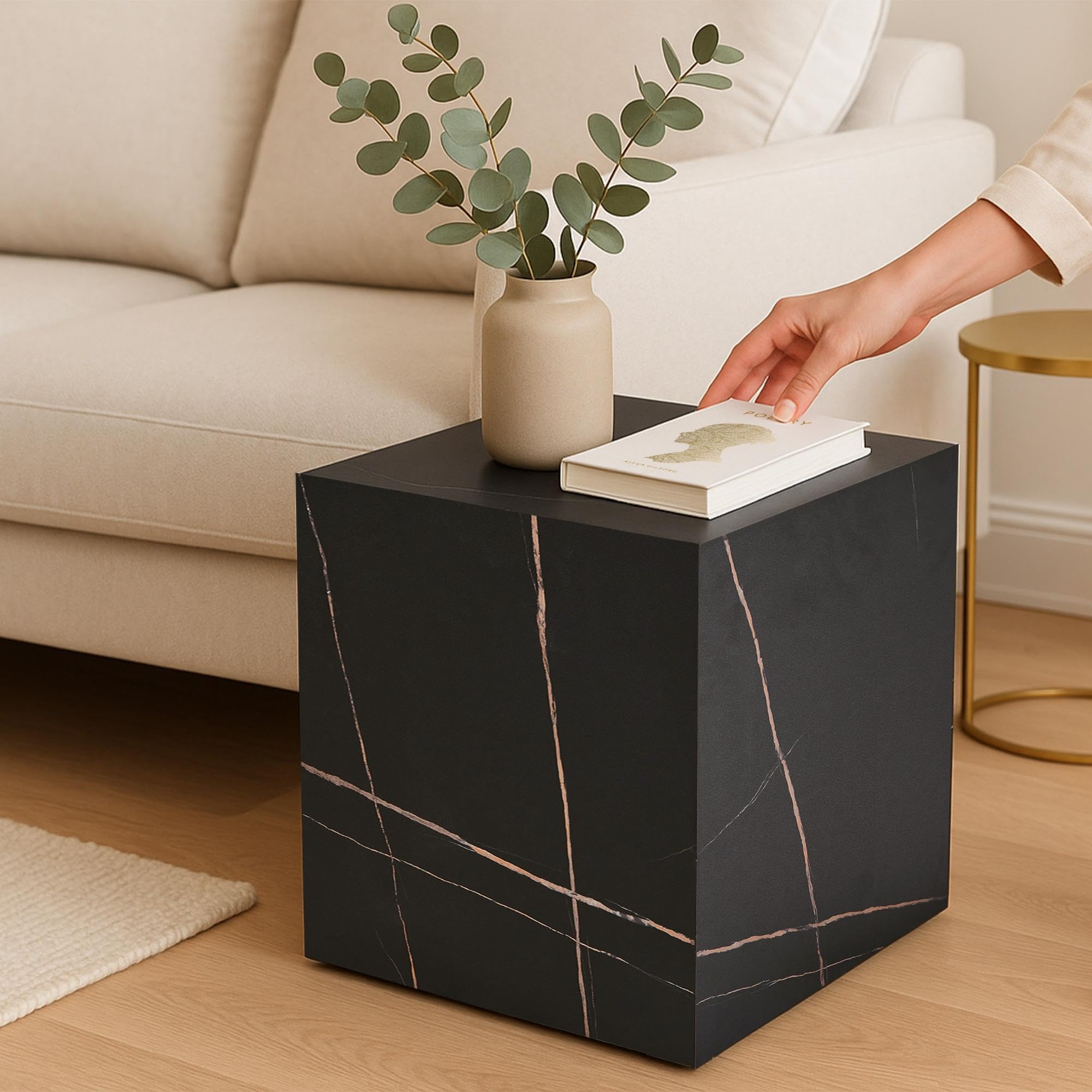[en.casa] Mesa Auxiliar Ellelu en Forma de Cubo para Salón Dormitorio Recibidor Mesilla de Noche Montada Estable Versátil MDF 45 x 40 x 40 cm - Efecto Mármol Negro