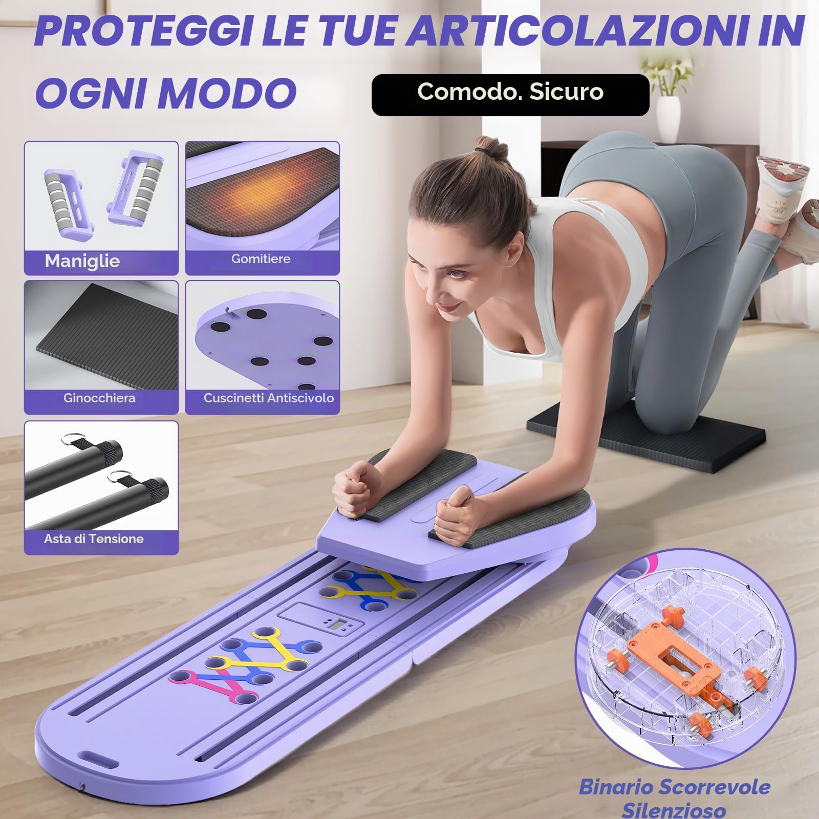 Mini riformatore Pilates 6 in 1 con contatore intelligente, tavola pilates con bande di resistenza, rullo di rimbalzo automatico, tavola addominale pieghevole