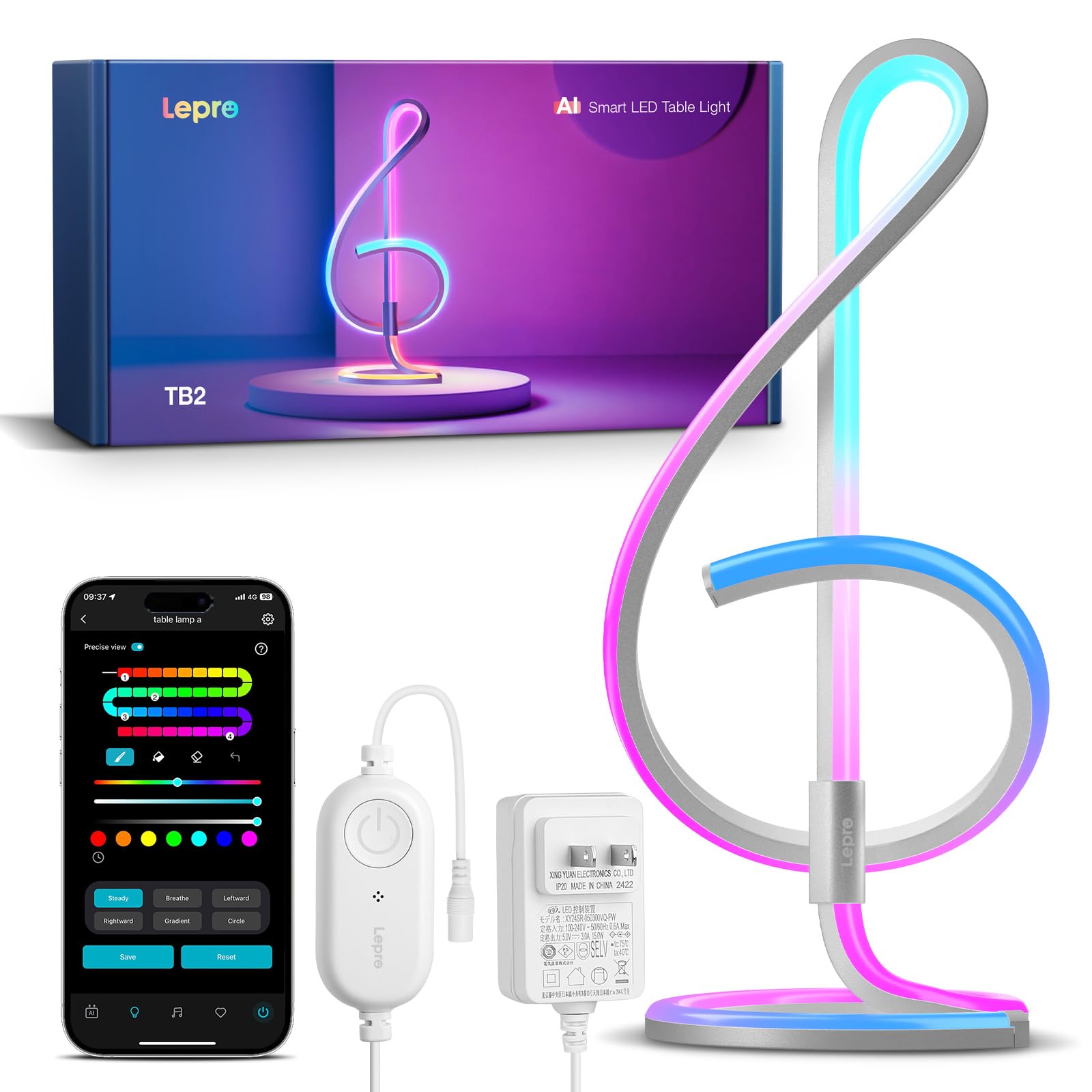 Lampa stołowa Lepro AI Smart TB2, spersonalizowany projektant oświetlenia AI, lampa stołowa z synchronizacją muzyki/sterowaniem głosowym za pomocą