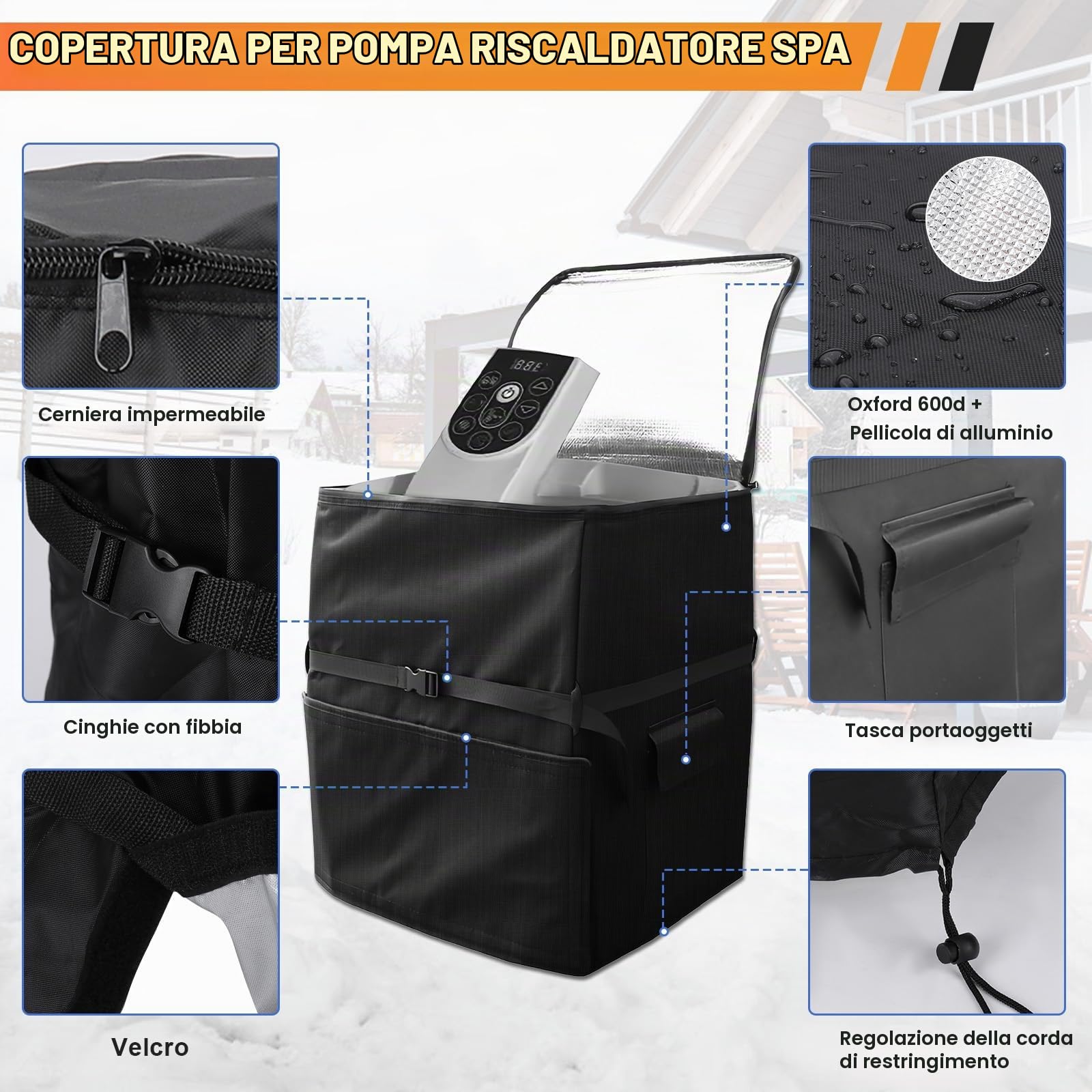 Copertura per Pompa Calore per Vasca idromassaggio con isolamento, tessuto Oxford 600D con Custodia, Cinghie Regolabili Copertura per Pompa Bagno Gonfiabile isolata per Spa