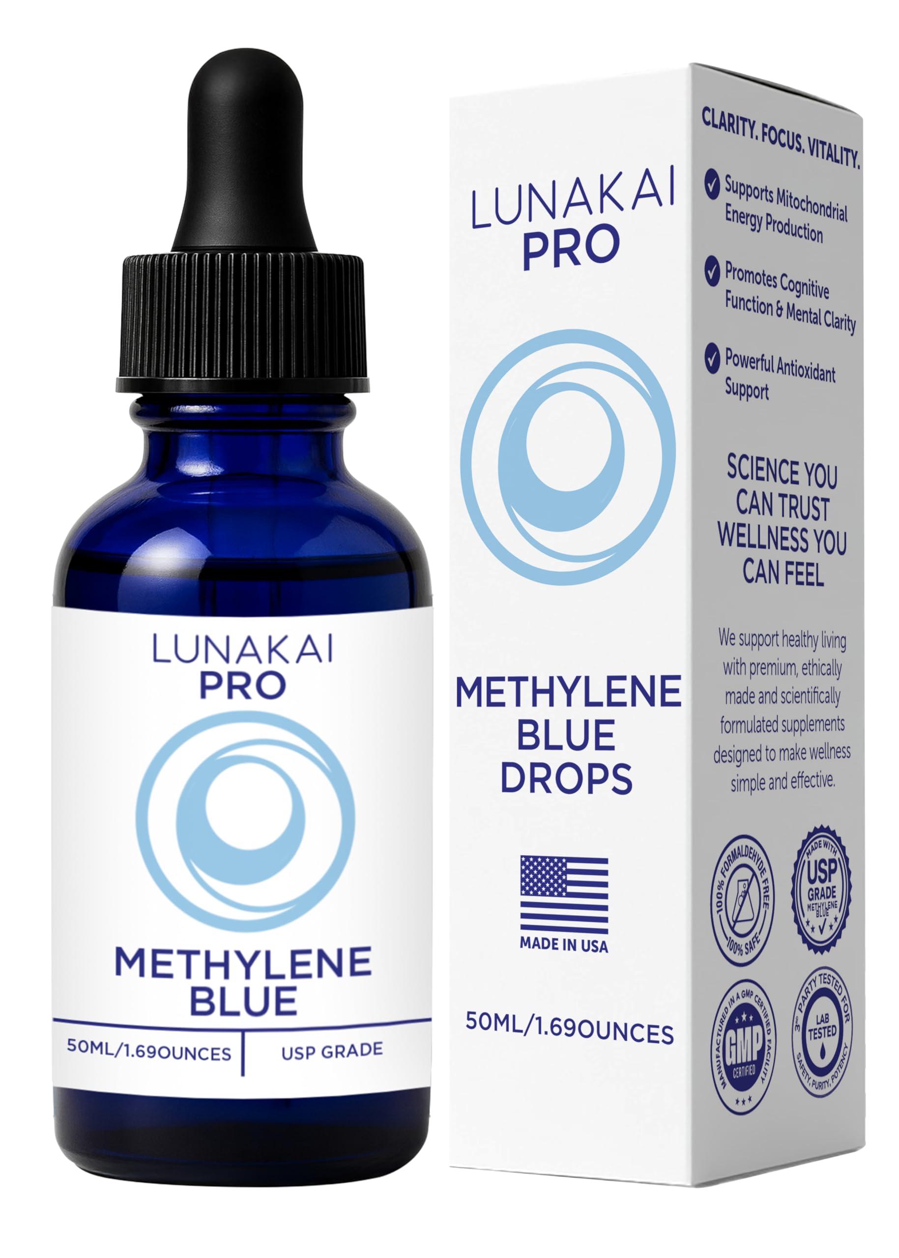 Lunakai PRO USA Made Methylene Blue Pharmaceutical Grade – 99.99% Pure USP Grade 1% Methylene Blue Drops for Humans – Cognitive & Focus Support Supplement | Liquid Vitamins Lunakai PRO USA Made Methylene Blue Pharmaceutical Grade – 99.99% Pure USP Grade 1% Methylene Blue Drops for Humans – Cognitive & Focus Support Supplement - Liquid Vitamins