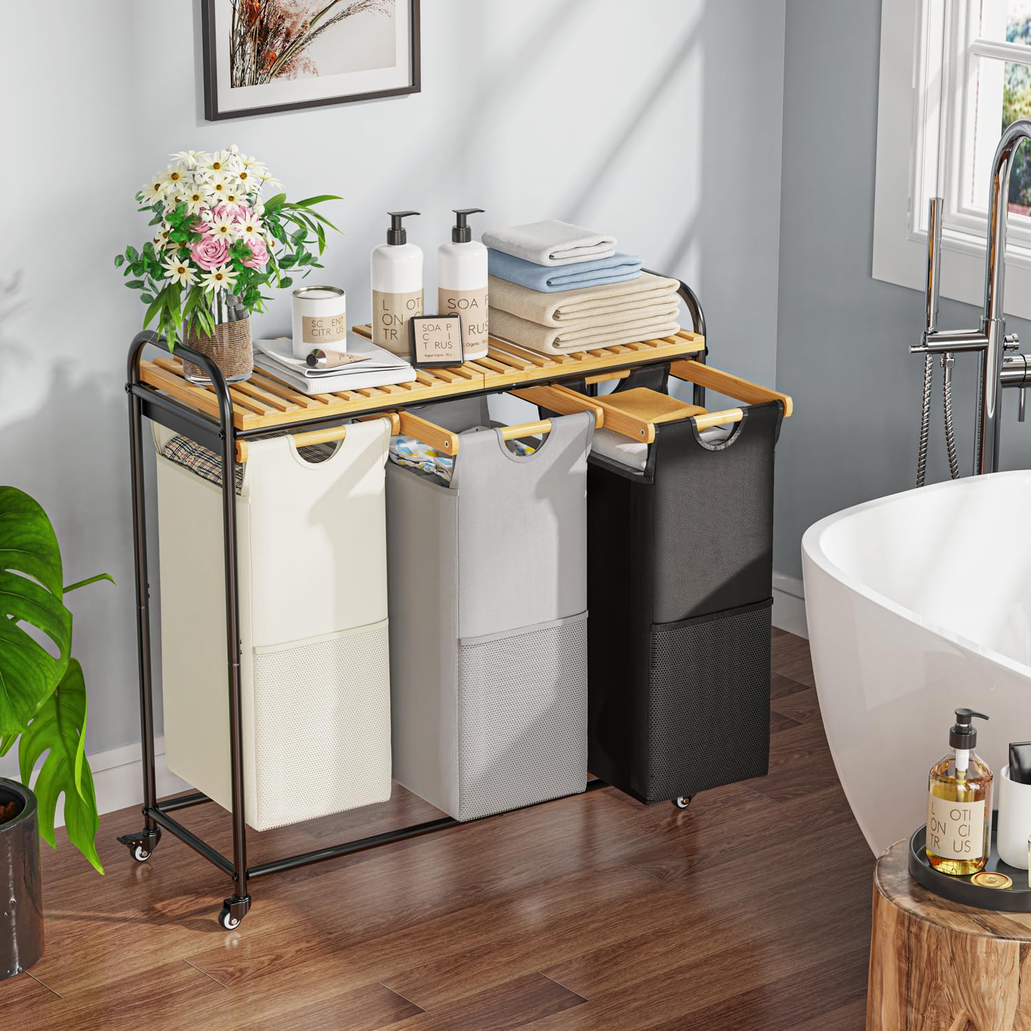 Cesto portabiancheria a 3 sezioni, con ripiano rimovibile e borse estraibili, cesto per vestiti con ruote, cesto per lavanderia e bagno, 3 x 40 l (nero, bianco, grigio)