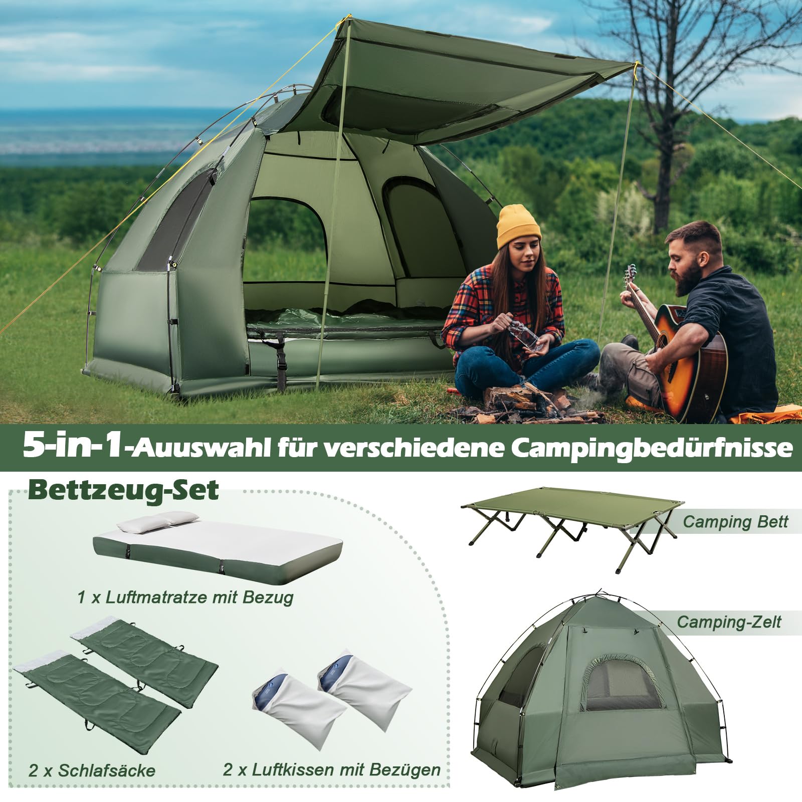 GOPLUS Cuna con tienda de campaña para 2 personas, tienda de campaña 5 en 1 impermeable con protección solar, colchón de aire, almohada, saco de dormir y bolsa de transporte, tumbona de camping para
