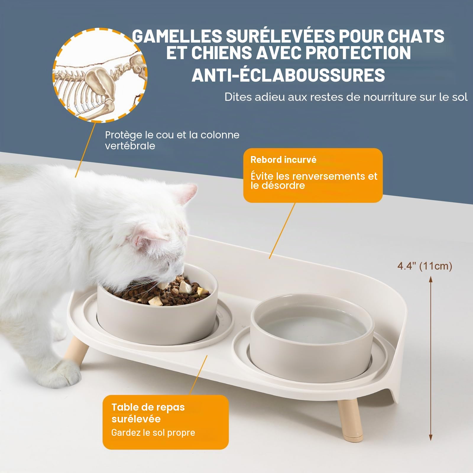 Double Gamelle Chat Surélevée en Céramique - Gamelle pour Chat avec Support Antidérapant - Bols pour Eau et Nourriture, Anti-Éclaboussures, pour Chiots et Petits Chiens - 2 x 320 ML - Gris