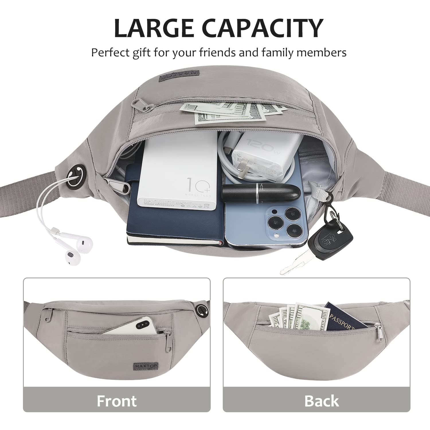 MAXTOP Marsupio grande per donna e uomo, marsupio con attacco per cuffie e 4 tasche con zip, cintura regolabile per ciclismo, corsa, jogging, viaggio, outdoor, allenamento